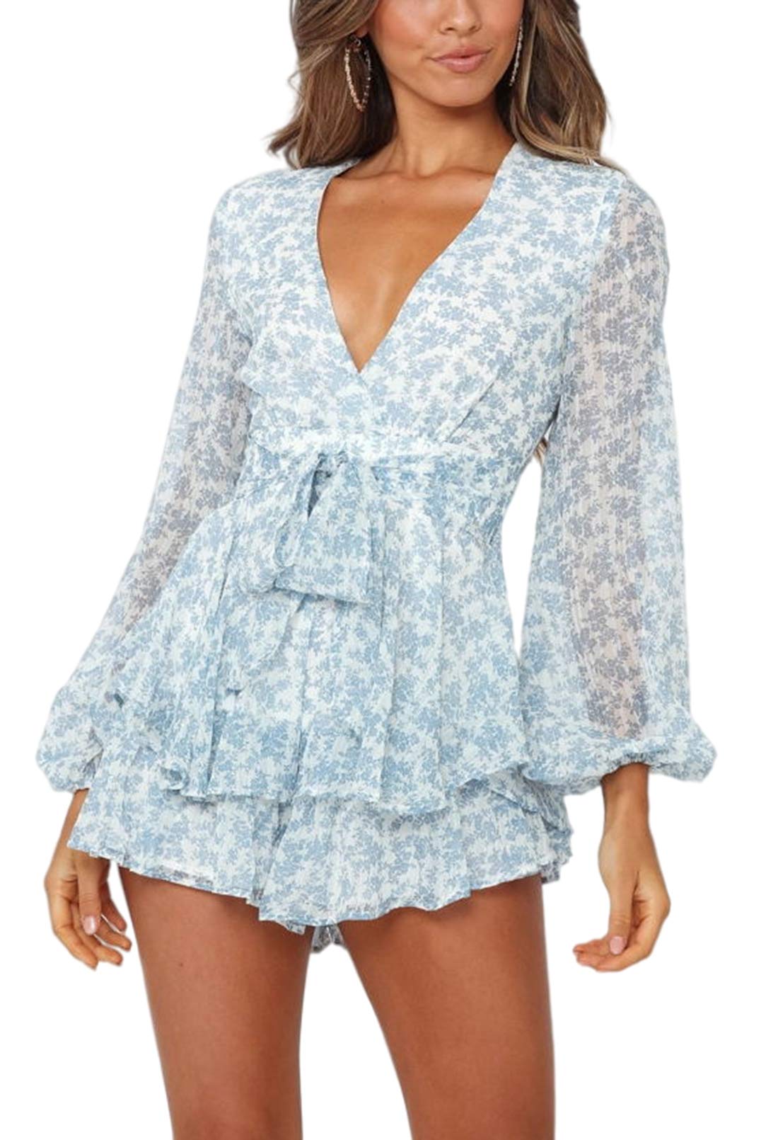 AOHITE Women's Floral Print V-Neck Jumpsuit with Puff Sleeves & Front Knot Detail - Summer Ruffle Romper Outfit for Beach Vacation, Date Night & Outdoor Parties