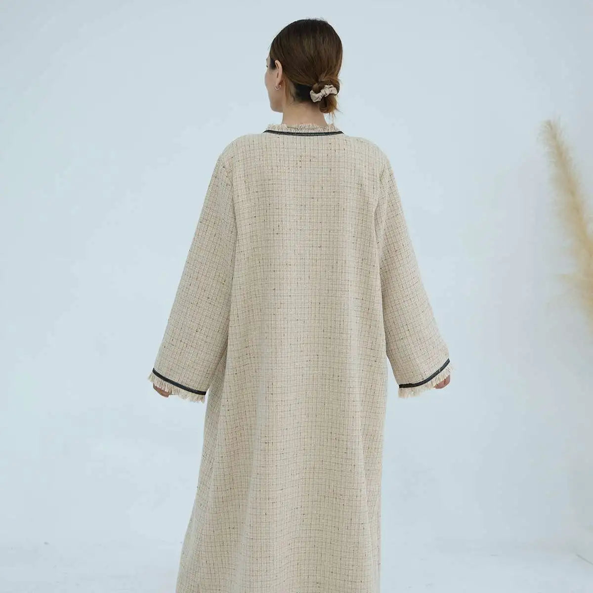 Winter Fall Thick Tassel Tweed Cardigan Open Abaya Coat - Women's Fashion Outerwear for Cold Weather, Layering & Modest Style