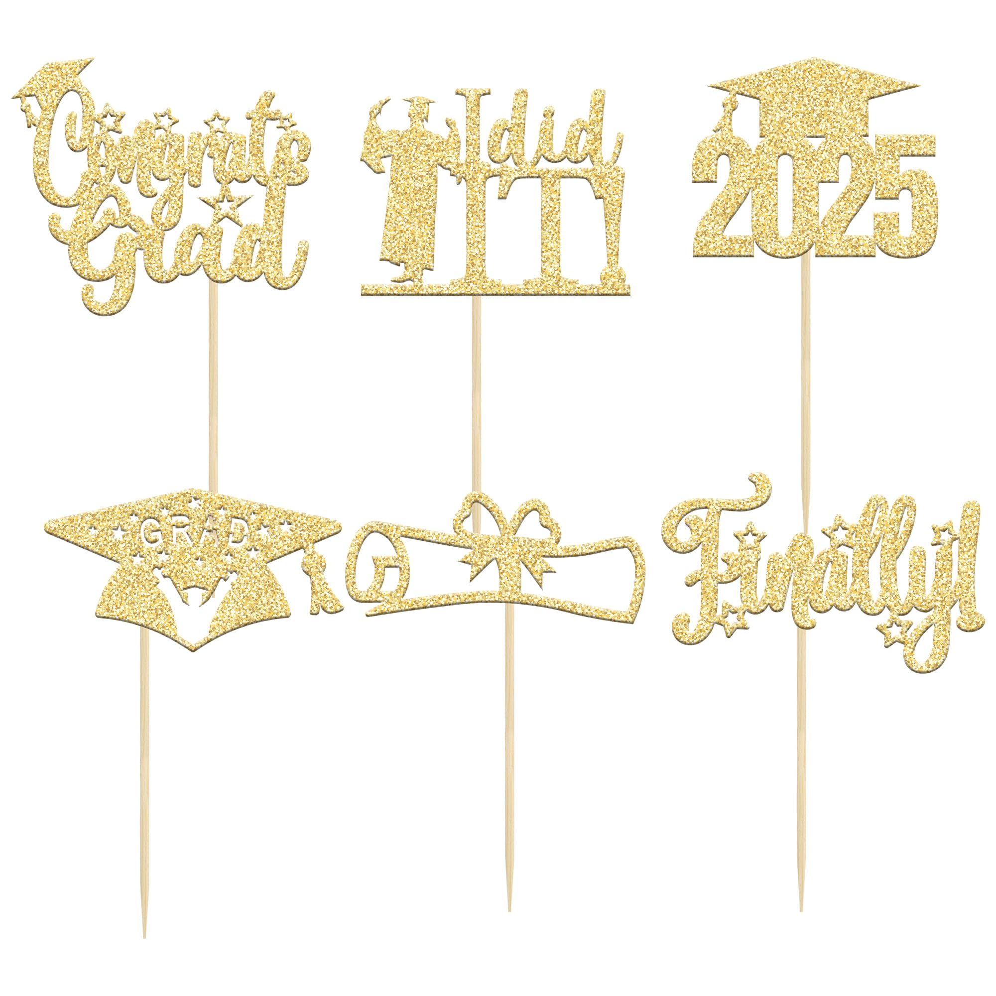 24 Pack 2025 Graduation Cupcake Toppers - Gold Glitter 