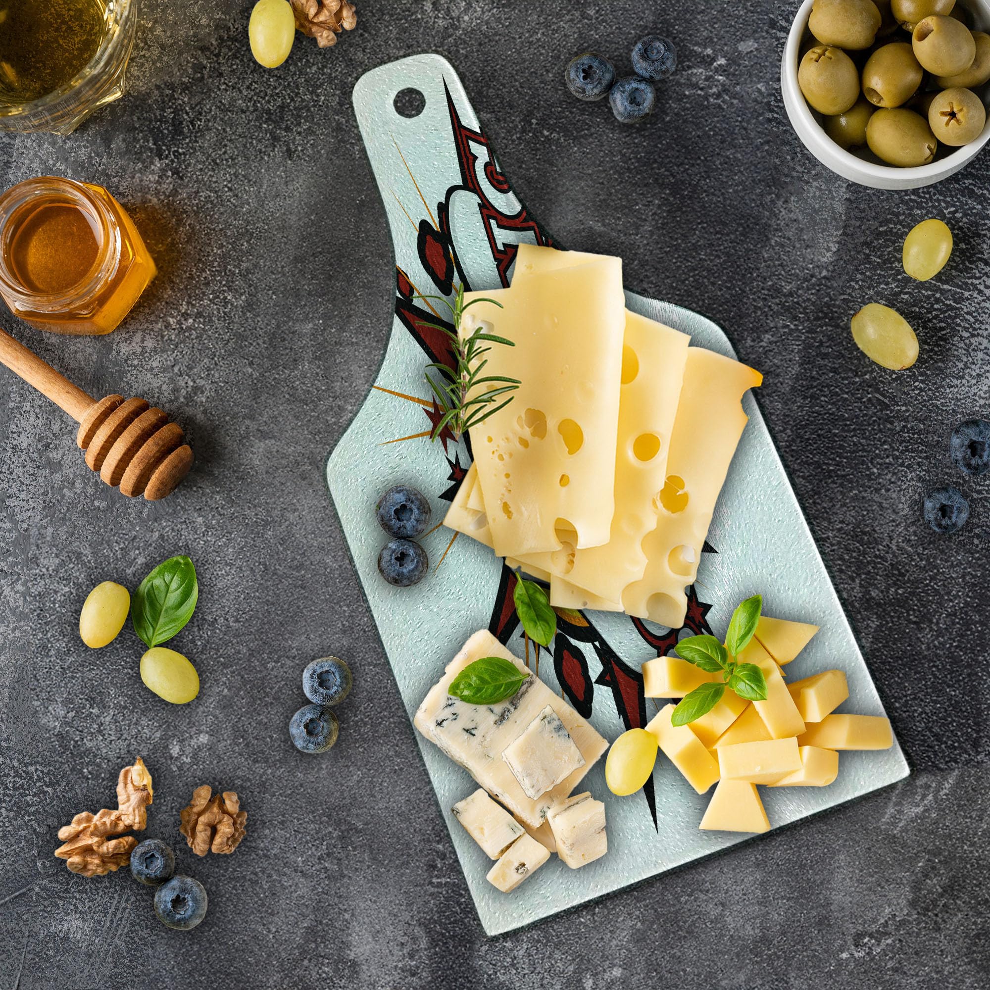 Ambesonne Bowling Party Themed Cartoon Comic Book Style Cutting Board - Retro Stars & Crash Effects Design - Tempered Glass Serving Board for Cheese, Charcuterie & Wine - Wine Bottle Shape in Ruby, White & Yellow - Perfect for Bowling Parties, Game Nights & Entertaining Guests