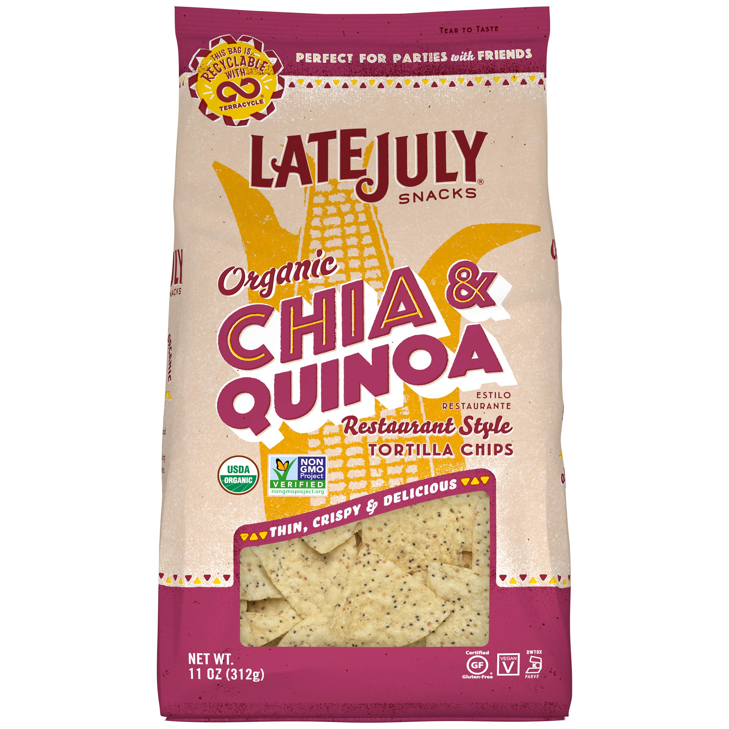 LATE JULY Organic Chia & Quinoa Tortilla Chips - Restaurant Style Snacks - 11oz Bags (Pack of 9) - Gluten Free, Non-GMO - Perfect for Parties, Movie Nights & Healthy Snacking