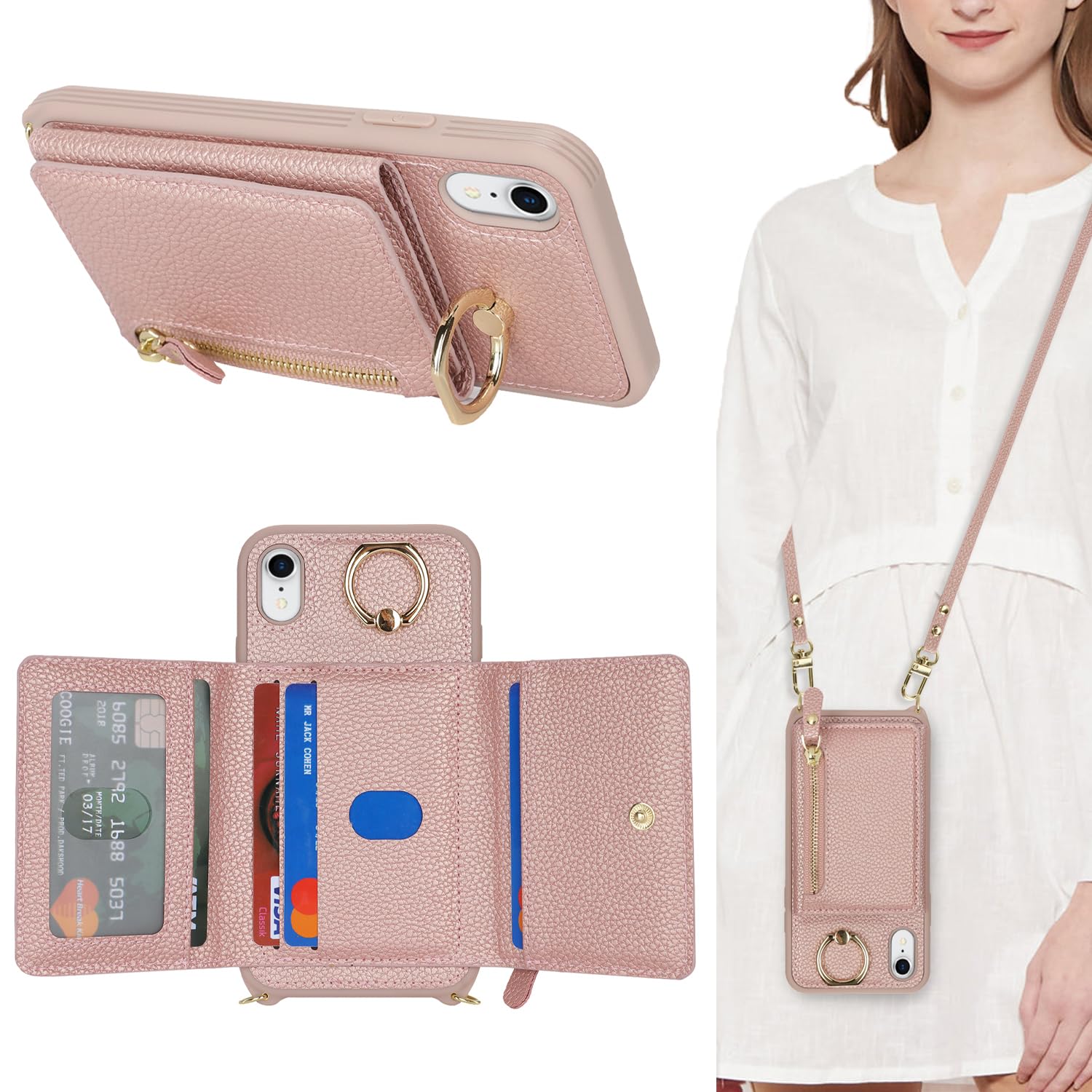 Premium Leather iPhone XR Case with Card Holder & Crossbody Strap - Wallet Phone Case for Women with Zipper Pocket & Stand Ring (Rose Gold) - Perfect for Travel, Shopping & Everyday Use