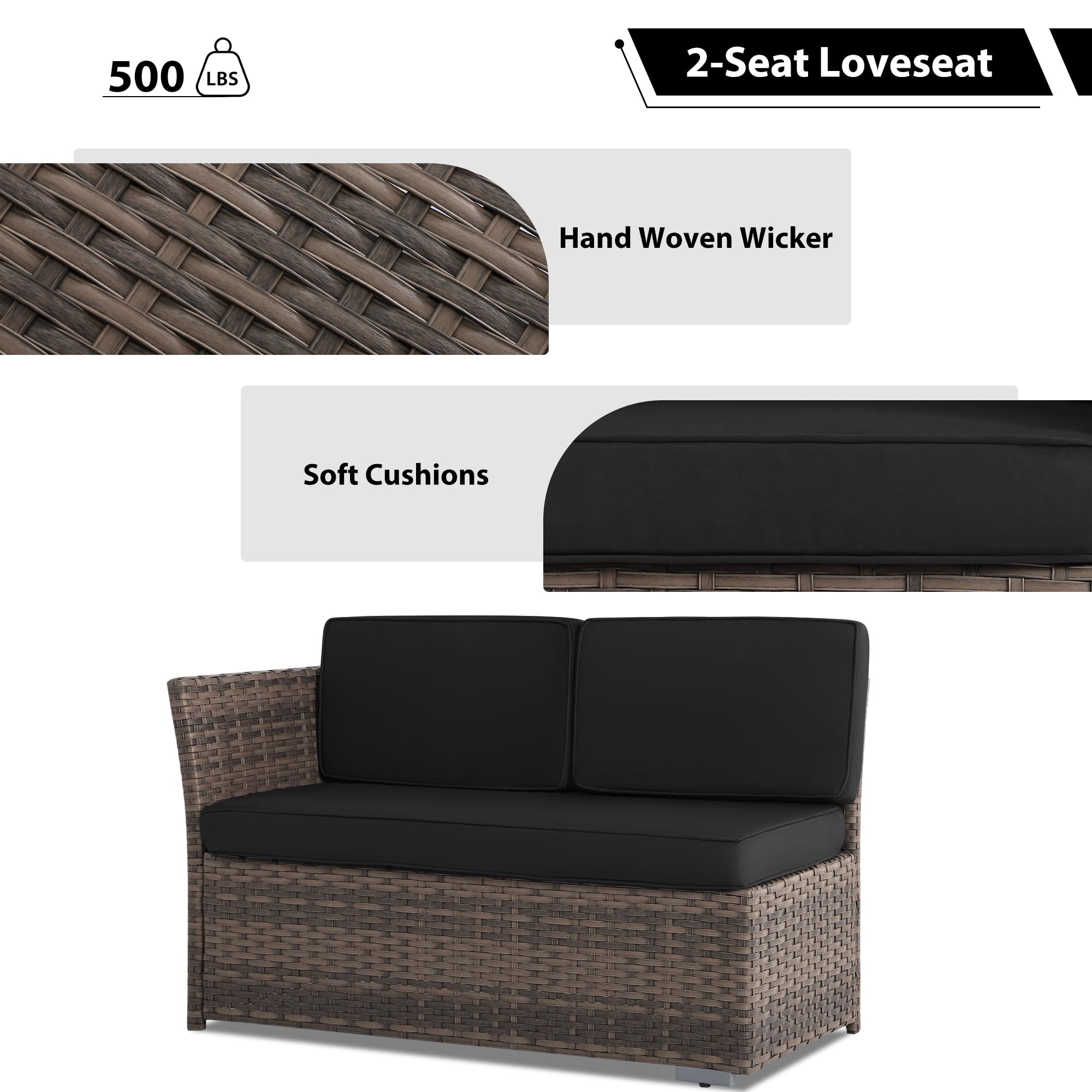 7-Piece All-Weather Brown Rattan Patio Furniture Set with Black Cushions - Outdoor Wicker Dining Table, Loveseat & Ottoman - Perfect for Backyard, Garden or Poolside Relaxation & Entertaining