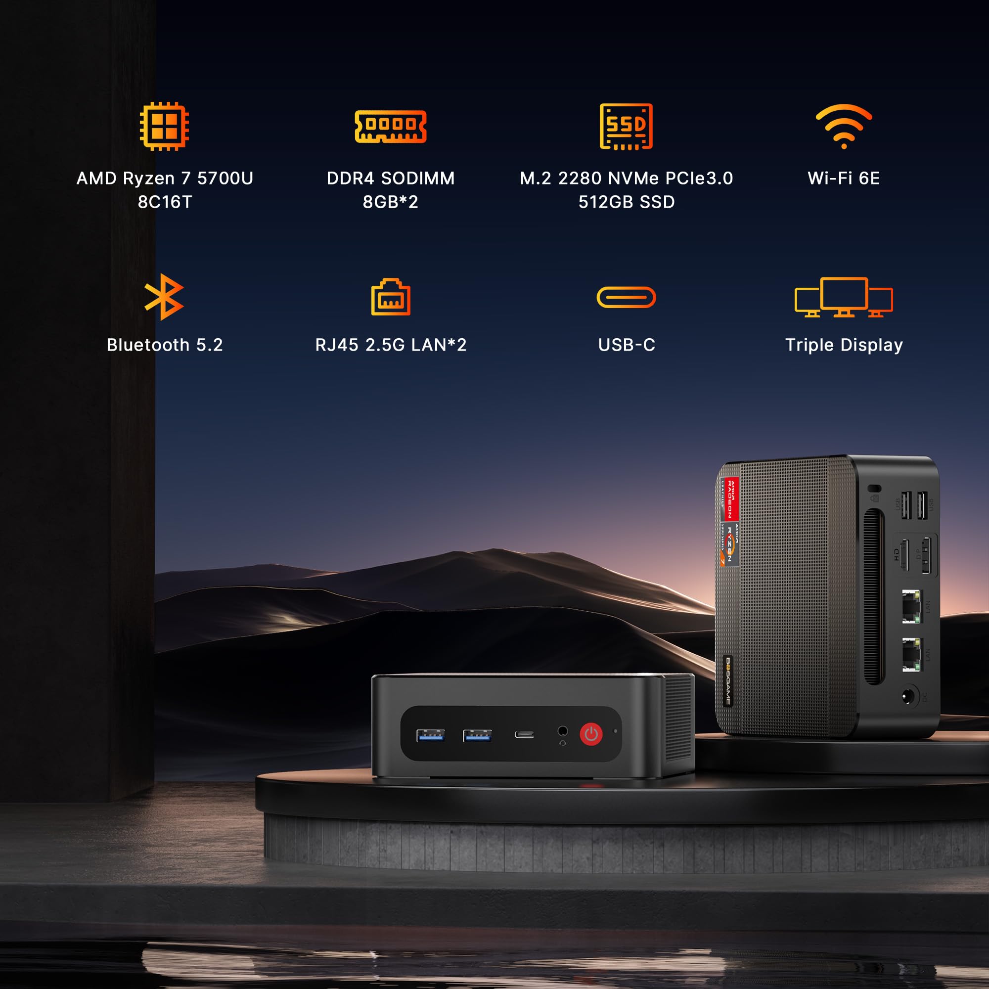 BOSGAME Gaming Mini PC AMD Ryzen 7 5700U | 16GB DDR4 RAM 512GB SSD | Micro Desktop Computer with Dual LAN 2.5GbE, 4K Triple Display, WiFi6E & BT5.2 | Powerful Compact PC for Home Office, Gaming & Streaming