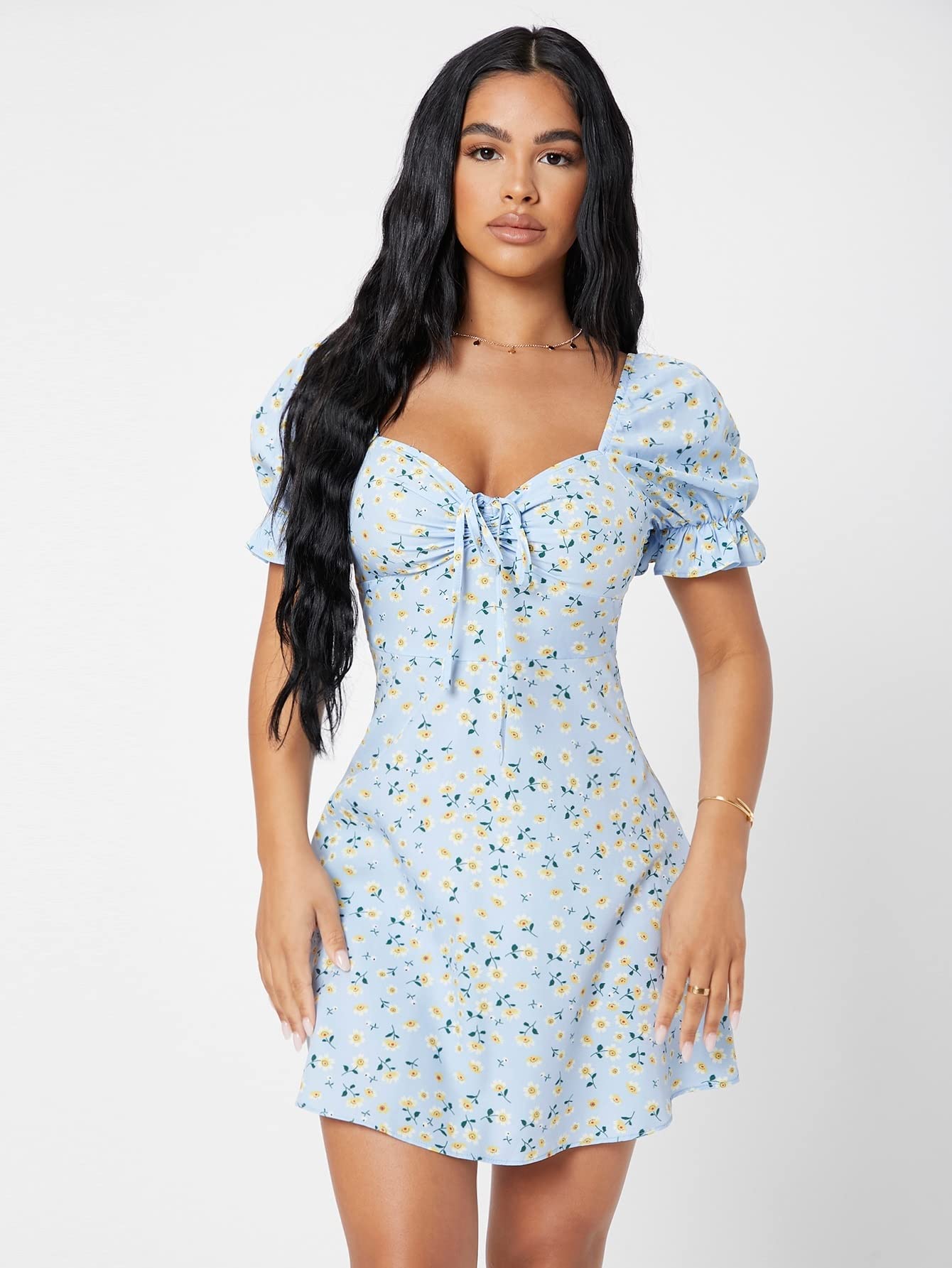 2022 Women's Summer Floral Short Dress with Flounce Sleeves & Ruched Knot Bust - Cute Mini Party, Beach, Vacation, Date Night Outfit