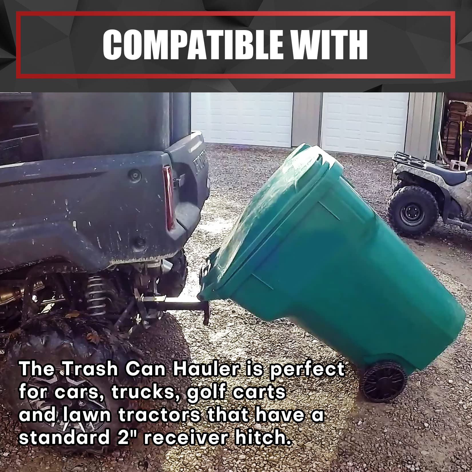 2 Inch Trash Can Hauler - Heavy Duty Grabber Hitch Receiver for Lawn Mowers & Garden Tractors, Single Tank Trash Tow Hook Attachment - Perfect for Yard Waste, Recycling & Garbage Collection