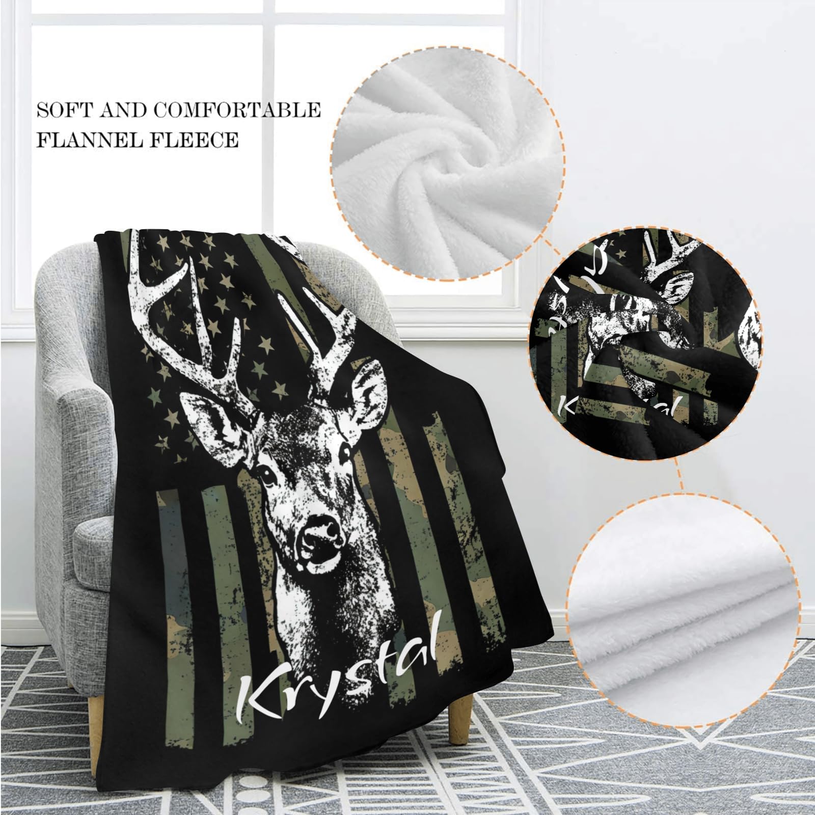 Custom Personalized American Flag Camo Deer Fleece Blanket - Super Soft Throw with Name Text - 50