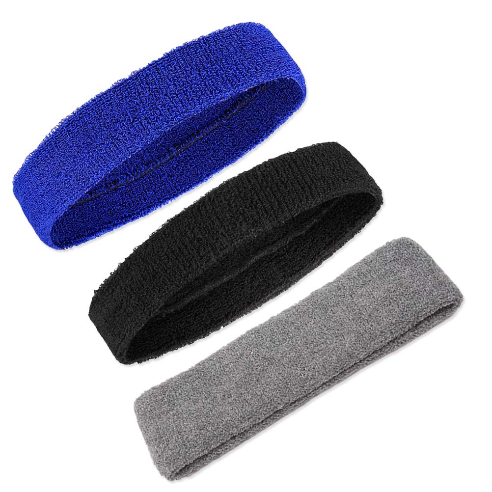 LIOOBO 3 Pack Sports Headbands for Women - Moisture Wicking Terry Cloth Sweatbands, Non-Slip Athletic Hair Bands (Black, Sapphire, Gray) - Perfect for Running, Yoga, Workout & Gym