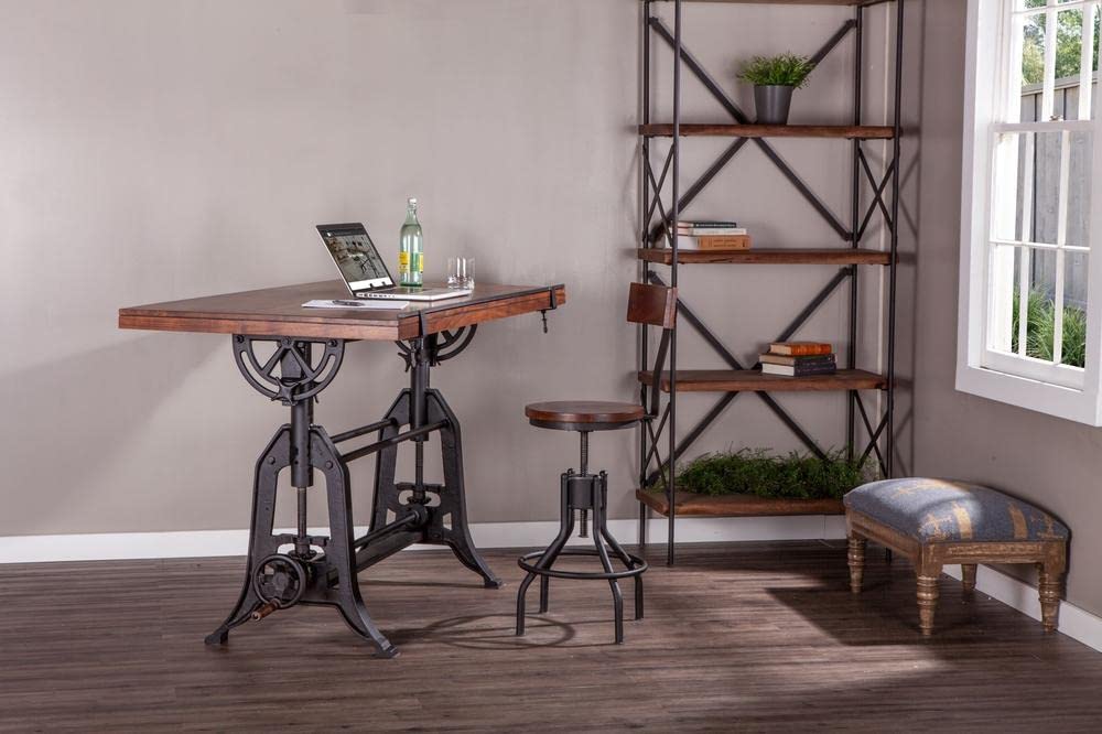 Wellington Industrial Vintage Drafting Table - Adjustable Artist Desk & Standing Desk with Reclaimed Teak Wood Top, Iron Cast Base & Tilt Function | Perfect for Home Office, Art Studio & Architectural Workspace