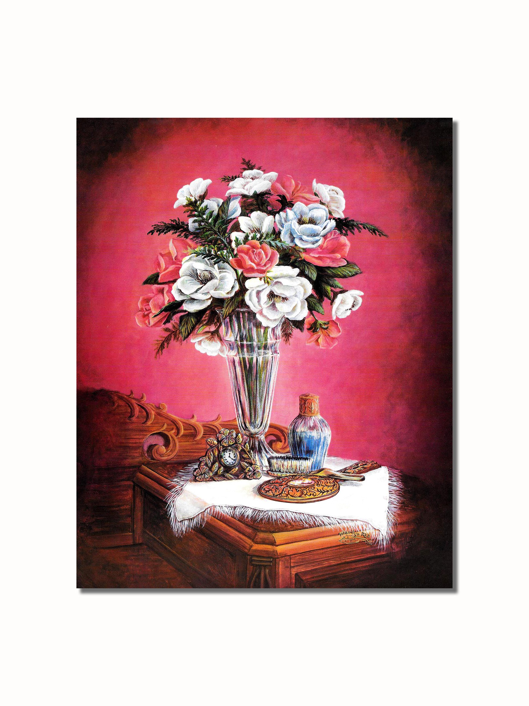 Victorian Dresser with Floral Vase, Clock, Brush & Mirror - 8x10 Wall Art Print for Home Decor | Perfect for Living Room, Bedroom or Office