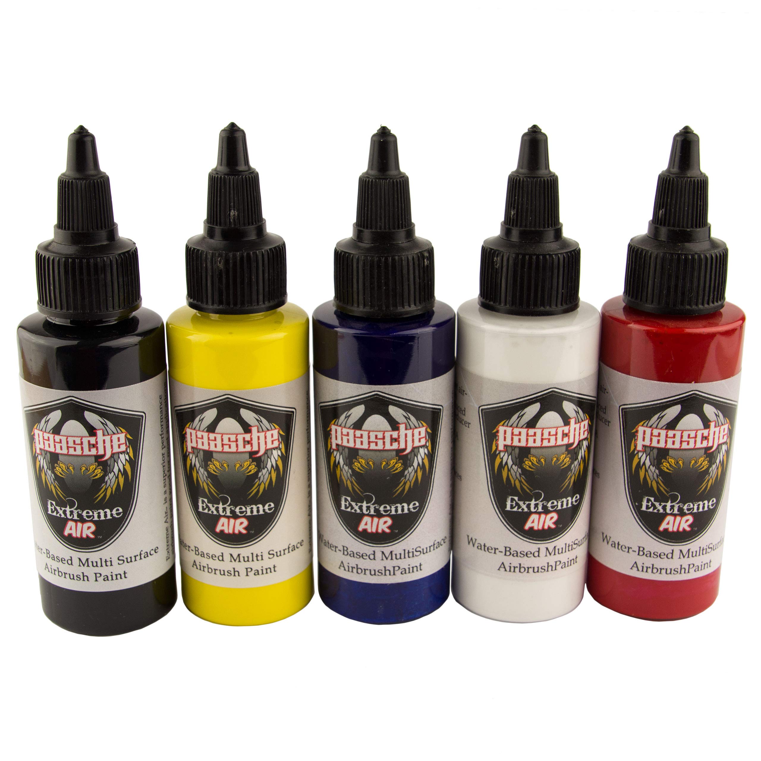 Paasche Airbrush Extreme Air Paint Set - 5 Bottles (2-Ounces Each) of Black, White, Red, Blue & Yellow Acrylic Paint for Artists, Hobbyists & DIY Projects - Perfect for Model Painting, Crafting & Airbrush Art