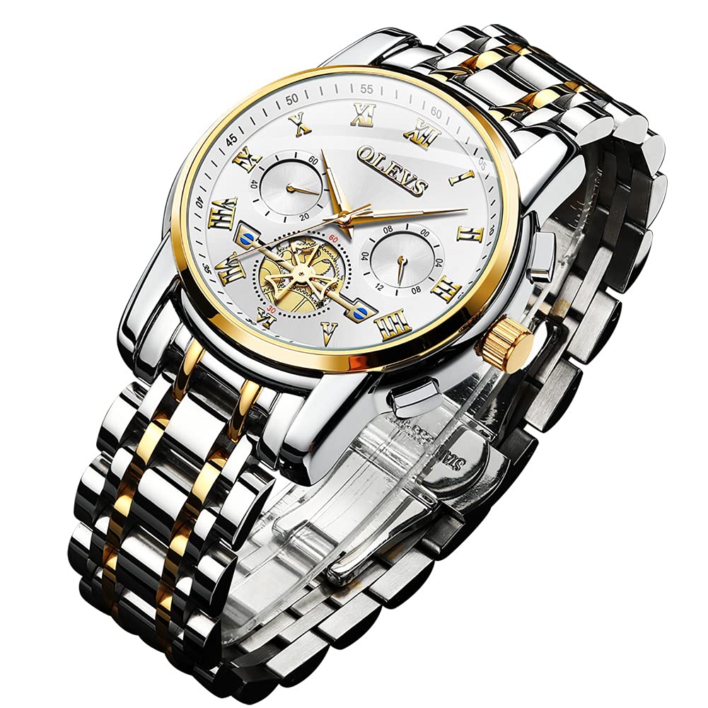 OLEVS Men's Fashion Casual Analog Quartz Watch - Waterproof Stainless Steel Band Dress Watch with Day Window (Gold White Dial) | Perfect for Business, Office, and Formal Occasions