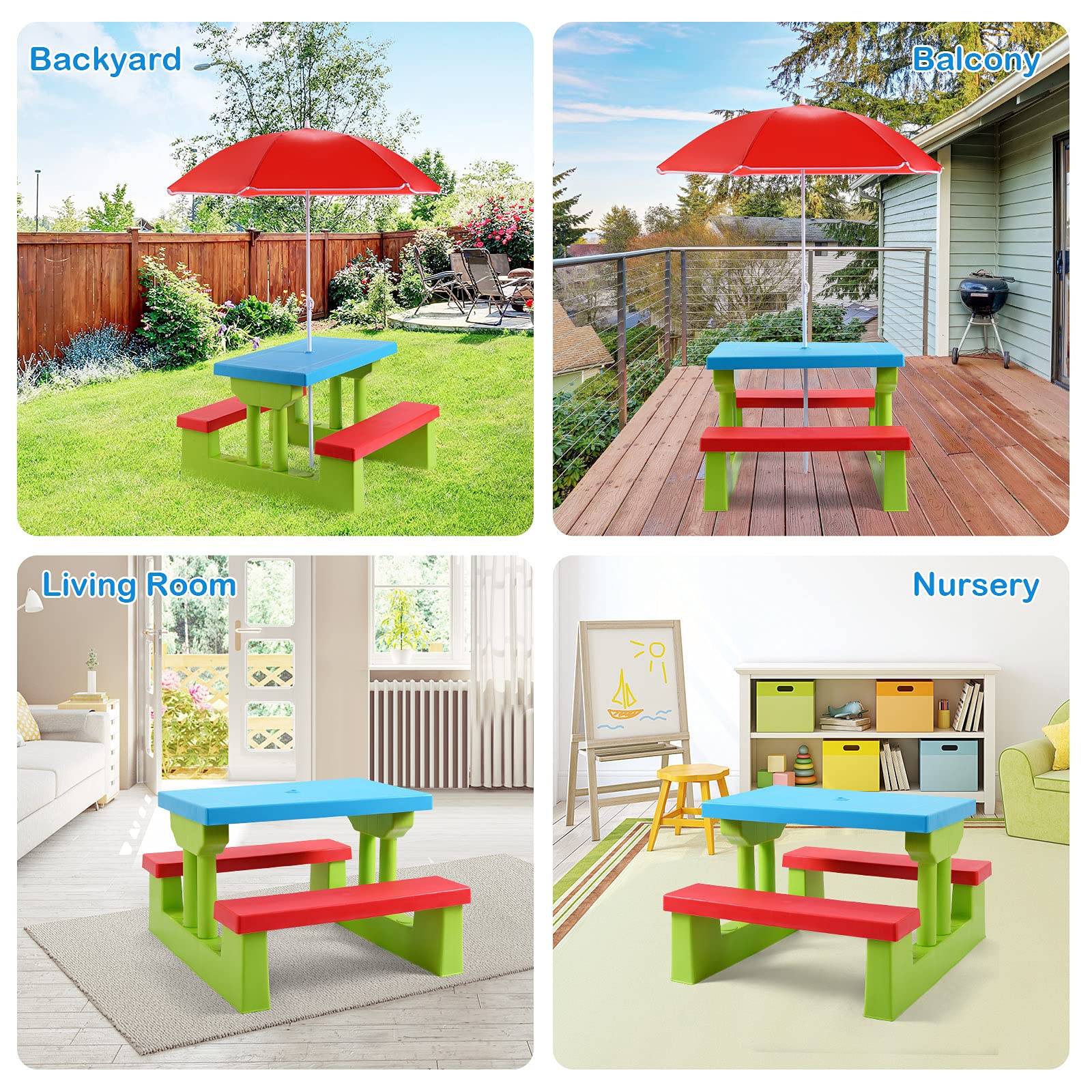 ARMILE Kids Picnic Table with Removable Umbrella - Foldable Indoor/Outdoor Plastic Table & Bench Set for Toddlers - Portable Play Table for Backyard, Patio, Park, Beach - Perfect Gift for Boys & Girls (Red)