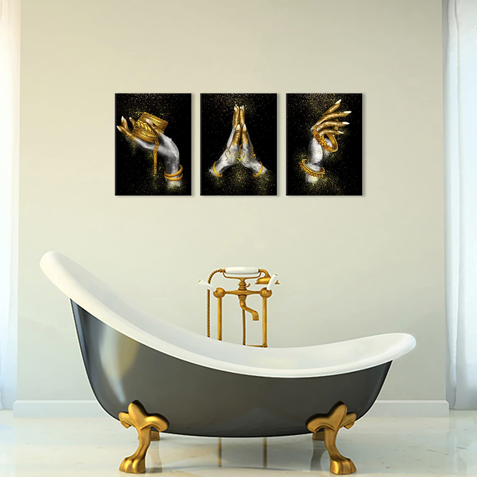 African American Wall Art Canvas Print - Gold & Black Woman Portrait with Hand Accessories, Framed Painting for Home, Bedroom & Bathroom Decor | Modern Black Girl Art Poster for Living Room & Office