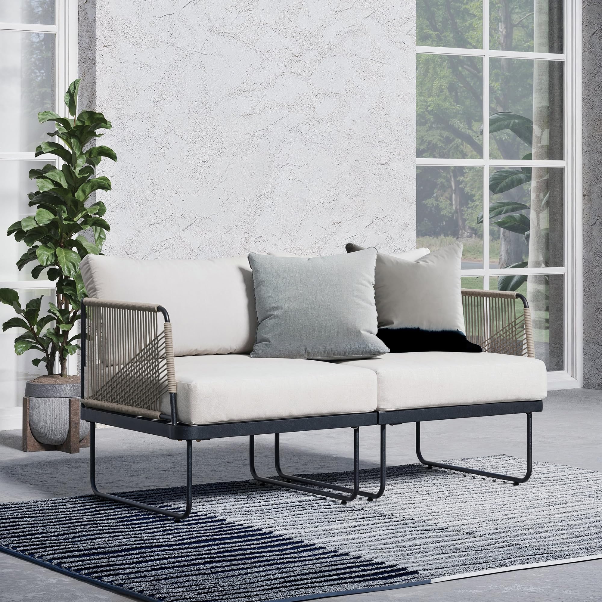 Nathan James Isla Boho Loveseat for Patio - Upholstered Outdoor Sofa with Black Metal Frame, Cream Fabric - Perfect for Backyard, Garden, and Poolside Relaxation