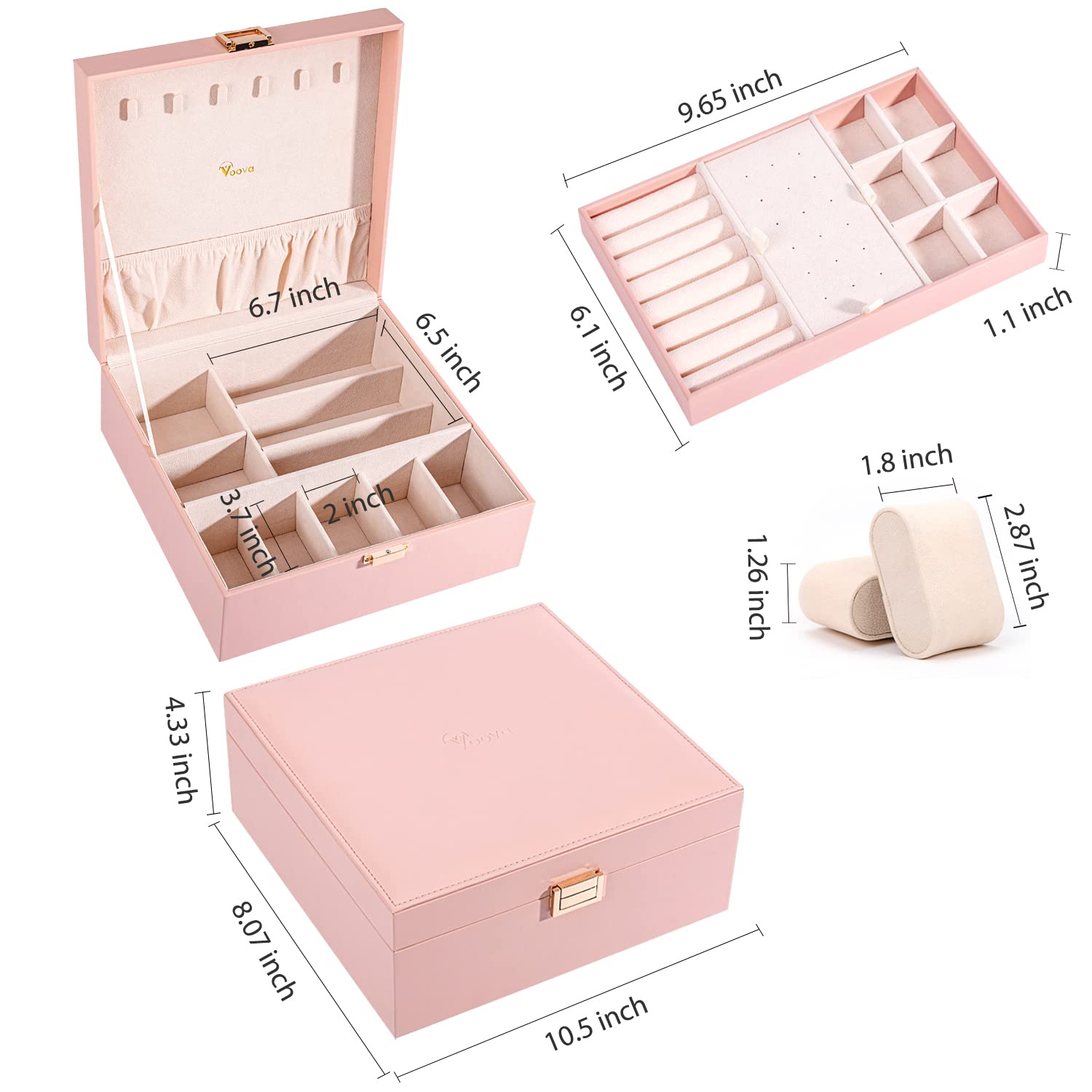 Voova 2-Layer Large Jewelry Box Organizer for Women - PU Leather Watch & Sunglasses Storage Case with Removable Tray - Holds Rings, Earrings, Necklaces (Pink) | Perfect for Travel, Home Vanity & Gift Giving