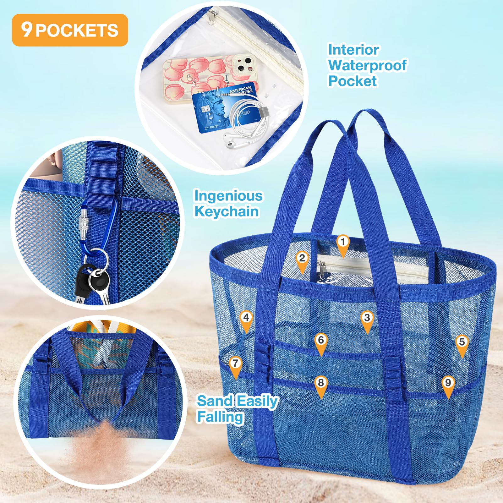 KPX Large Mesh Beach Bag for Women - Foldable Waterproof & Sandproof Tote with Mini Pockets - Perfect for Swimming Pool, Beach Vacation, and Summer Travel Accessories