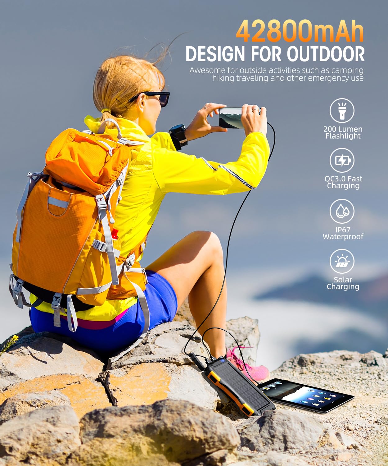 42800mAh Solar Power Bank with QC 3.0 Fast Charging - Portable Solar Charger, External Battery Pack with Super Bright Flashlight (Orange) - Perfect for Camping, Hiking, and Emergency Power Outages