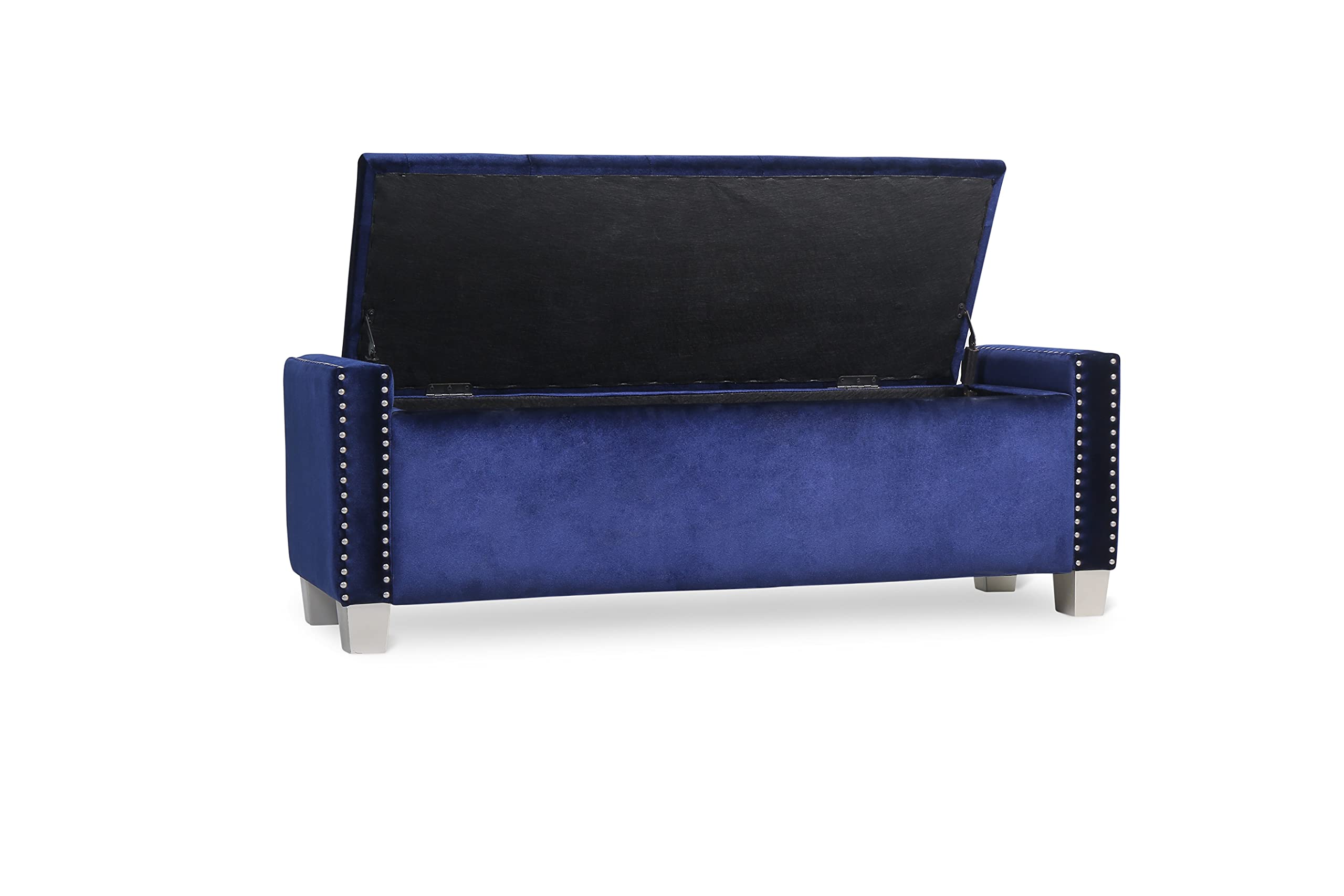 Velvet Upholstered Storage Bench with Removable Cushion - Blue Velvet Ottoman for Living Room, Bedroom & Entryway - Stylish Seat & Storage Solution