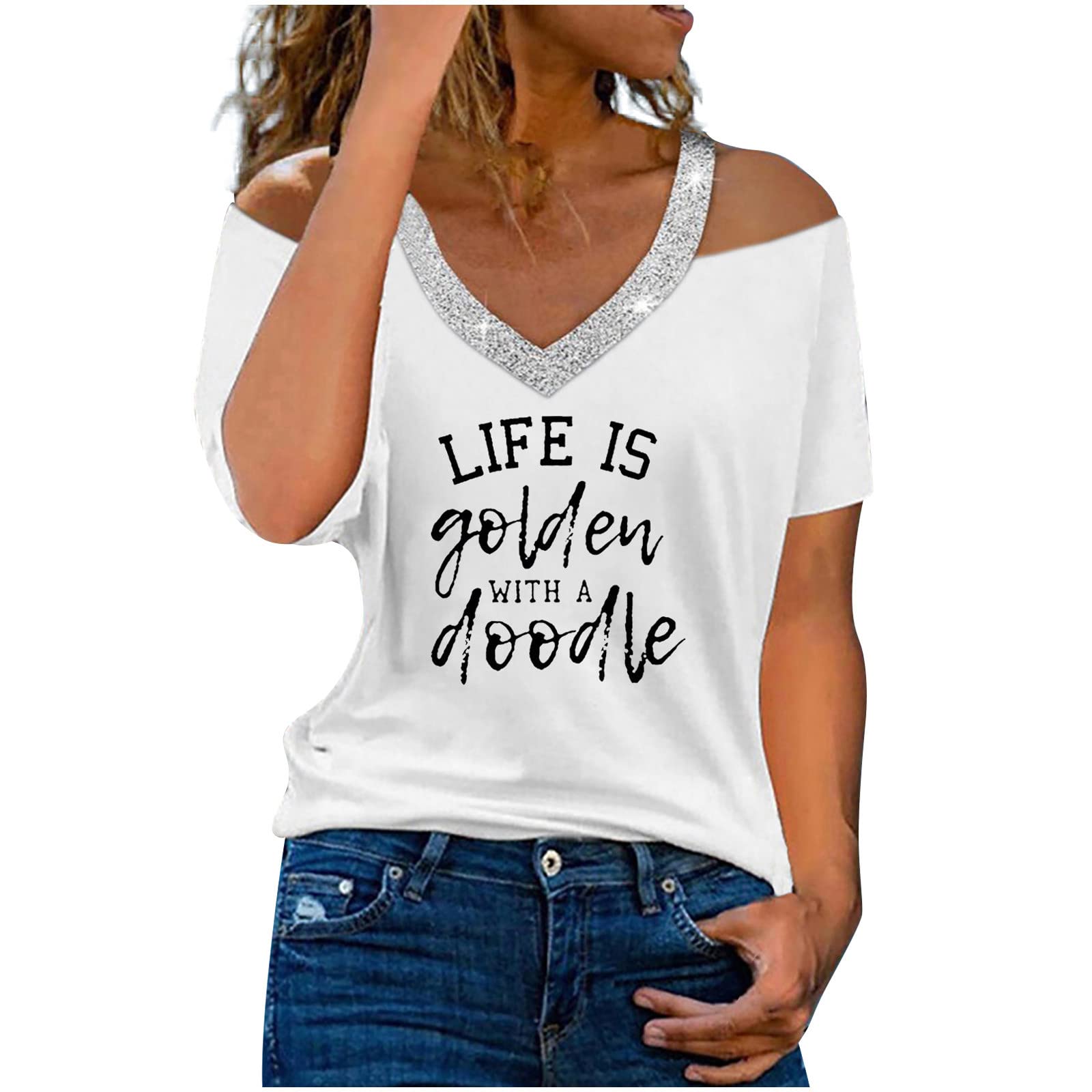 Women's Cold Shoulder Tops - Plus Size Cute Short Sleeve V Neck Strappy Blouse for Summer Outfits & Casual Wear
