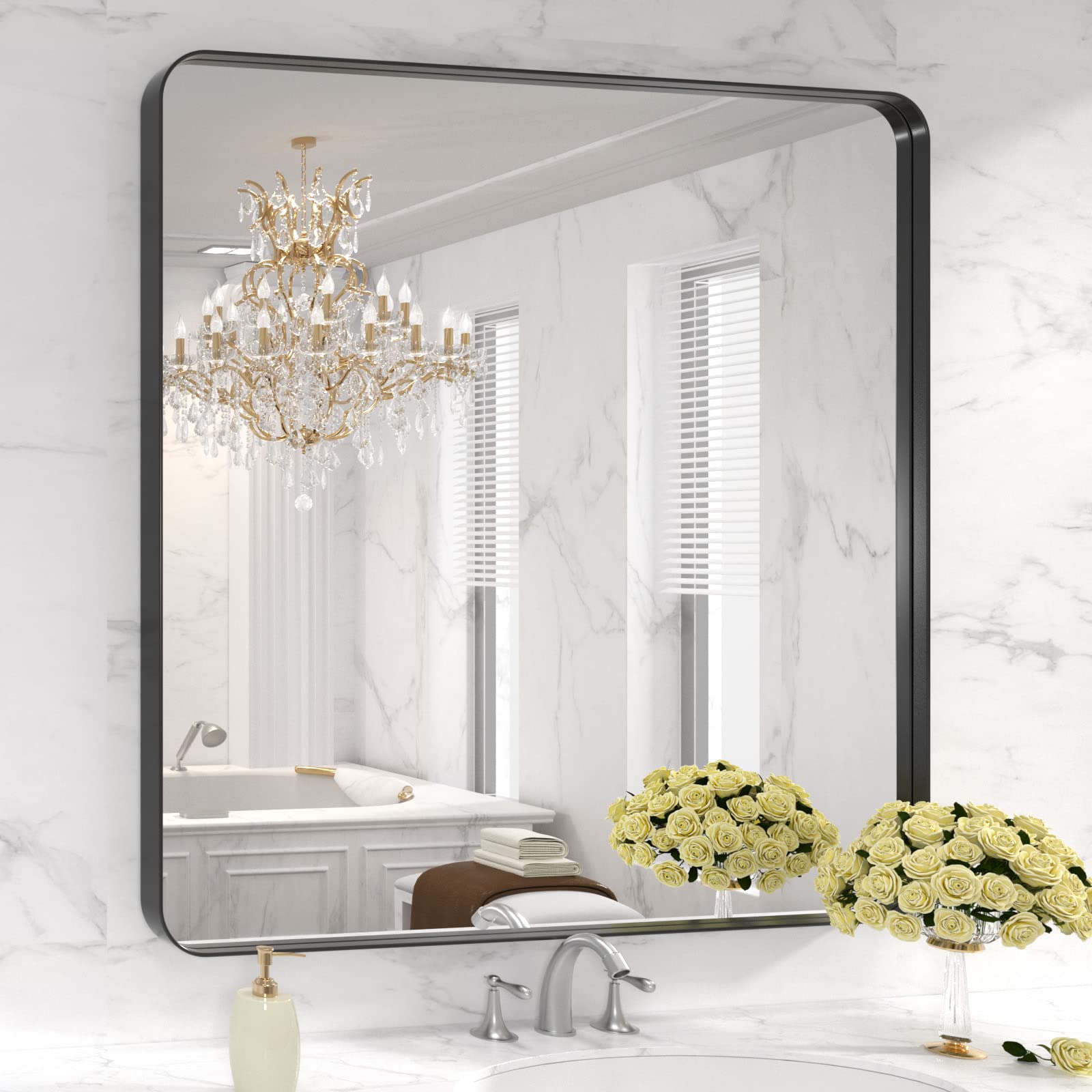 LOAAO 36x36 Inch Matte Black Metal Framed Bathroom Mirror - Rustproof Tempered Glass Wall Mirror for Vanity, Farmhouse Decor - Horizontal or Vertical Hanging - Perfect for Bathrooms, Bedrooms, and Entryways