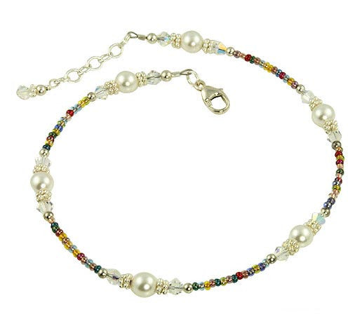 Rainbow Crystal Pearl Beaded Anklet - Elegant Adjustable Ankle Bracelet for Women, Boho Chic Summer Jewelry | Perfect for Beach, Wedding, Festival & Everyday Wear