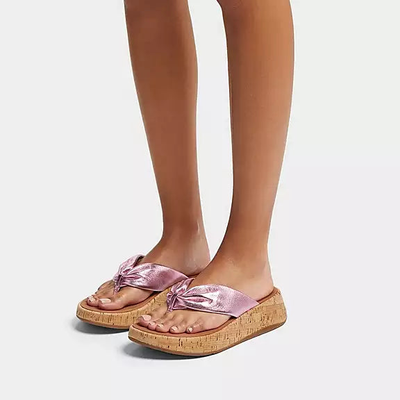 FitFlop F Mode Leather Twist Cork Sandals for Women - Wild Metallic Lilac | Comfortable & Supportive Footwear for Walking, Travel & Summer Outfits