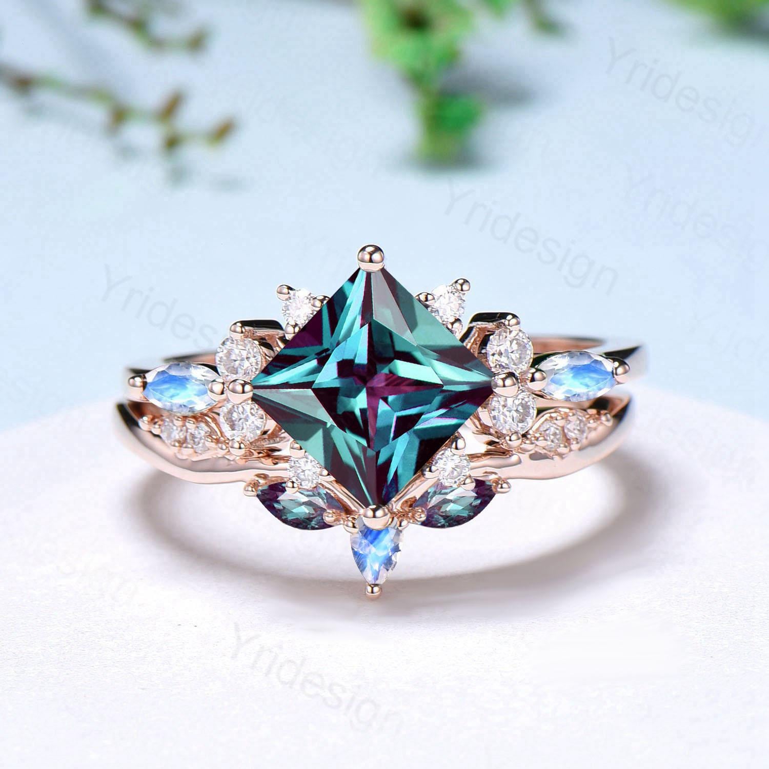 2CT Princess Cut Alexandrite & Moonstone Engagement Ring Set - 14K Rose Gold Bridal Jewelry for June Birthstone, Wedding & Anniversary Gifts (2-Piece Cluster Design)