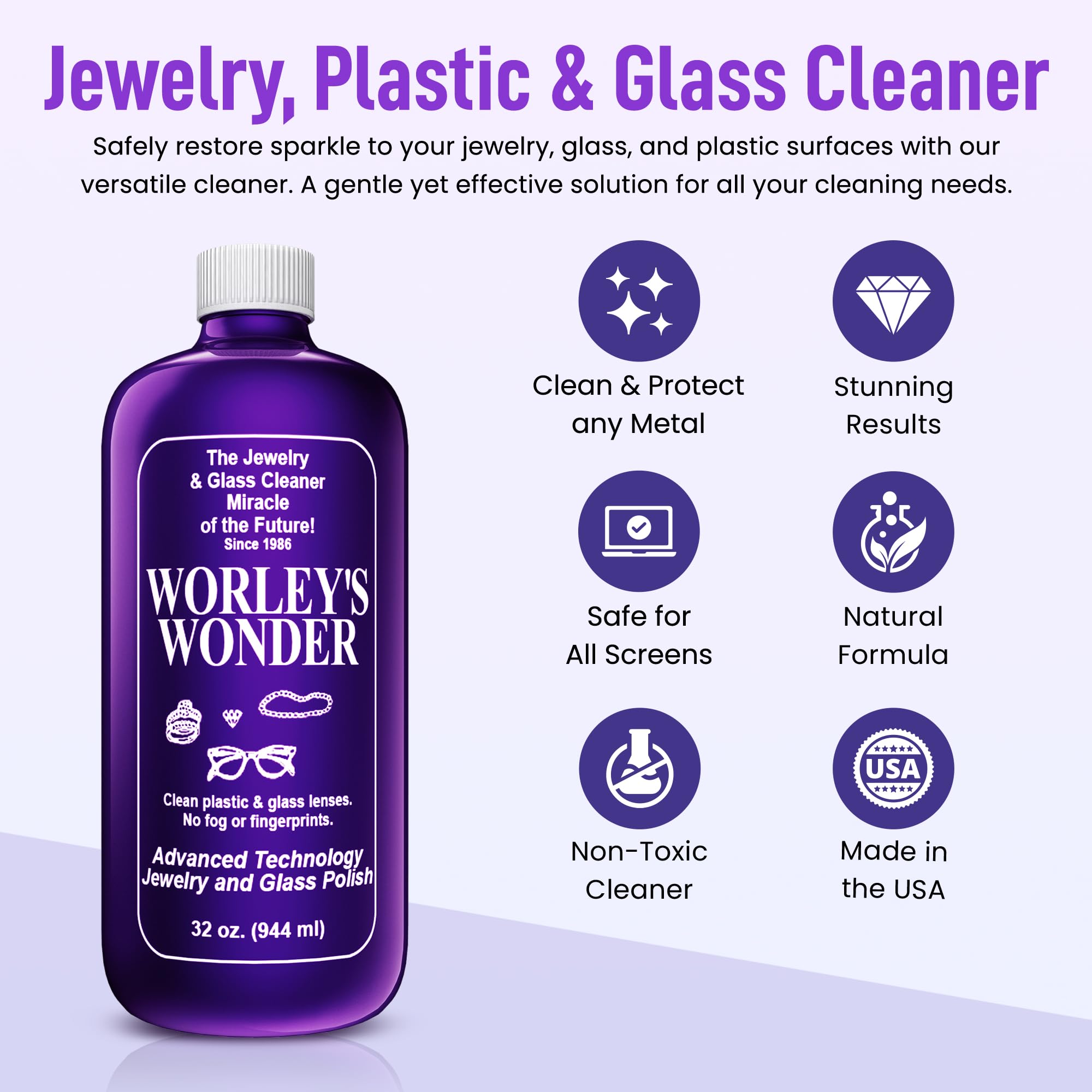 Worley's Wonder Jewelry & Glass Cleaner Spray - Safe for Gold, Silver, Diamonds, Gemstones, Glass, Marble & Electronics | 32oz Refill Bottle (Pack of 2) | Perfect for Cleaning Rings, Necklaces, Watches, Eyeglasses & Smartphone Screens