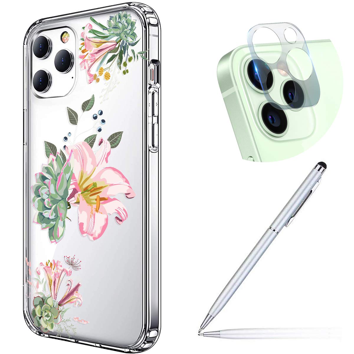 Clear iPhone 12 Pro Case with Floral Design - Soft Silicone Gel TPU Protective Cover with Camera Lens Protector | Perfect for Women & Girls | Ideal for Everyday Use, Work, and Travel Protection