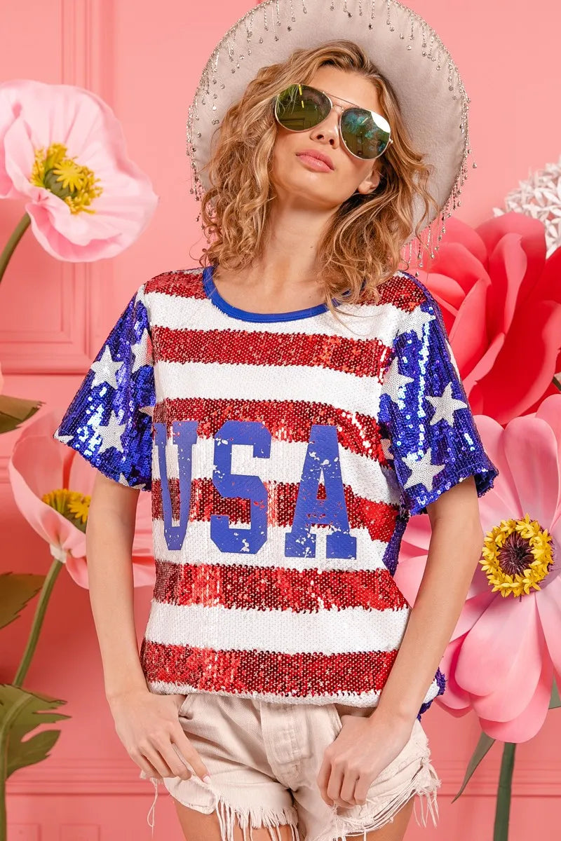 BiBi American Flag Sequin Top with USA Lettering - Patriotic Party Outfit for 4th of July, Independence Day & National Celebrations