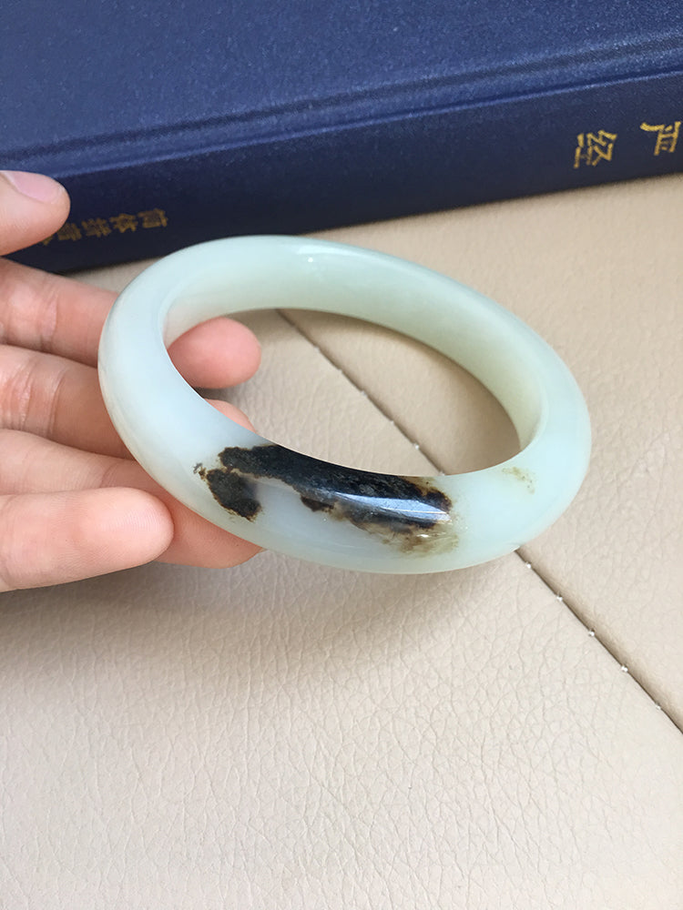 Natural Jade Bangle - Nephrite Jade Bracelet, 58.1mm Inner Diameter (NBE004) - Elegant Handmade Jewelry for Women, Perfect for Weddings, Gifts & Spiritual Healing