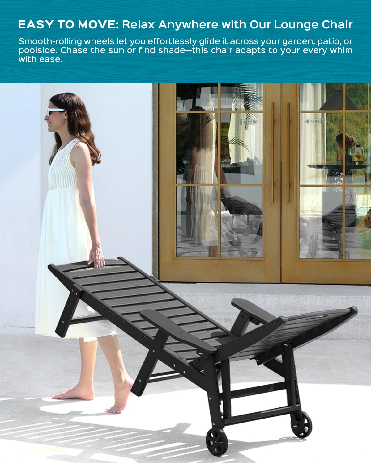 Oversized Outdoor Lounge Chair with 5 Adjustable Positions, HDPE Patio Chaise with Wheels & Cup Holder - Perfect for Poolside, Deck, Backyard Relaxation & Sunbathing