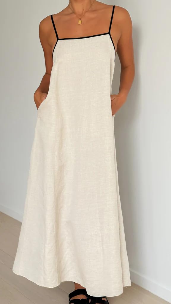 Women's Linen Maxi Dress - Sleeveless Spaghetti Strap Flowy Beach Dress for Summer Vacation & Casual Outings | Breathable Loose Fit Sundress for Beach, Travel, and Everyday Wear