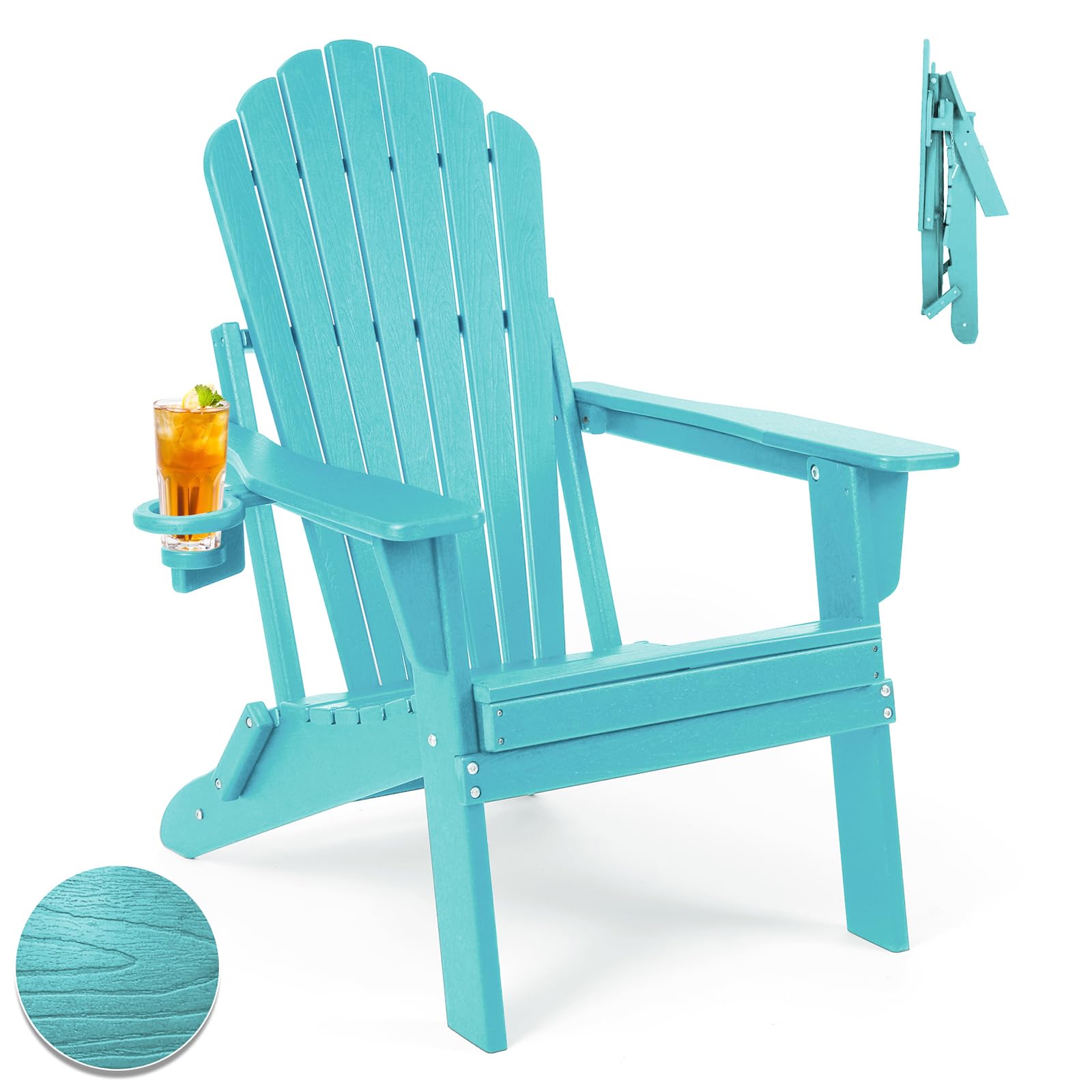 Folding Adirondack Chair with Cup Holder - Heavy Duty All-Weather HDPE, Wooden Textured, SGS Tested for Outdoor Comfort (Aruba Blue) - Perfect for Patio, Garden, Poolside & Backyard Relaxation