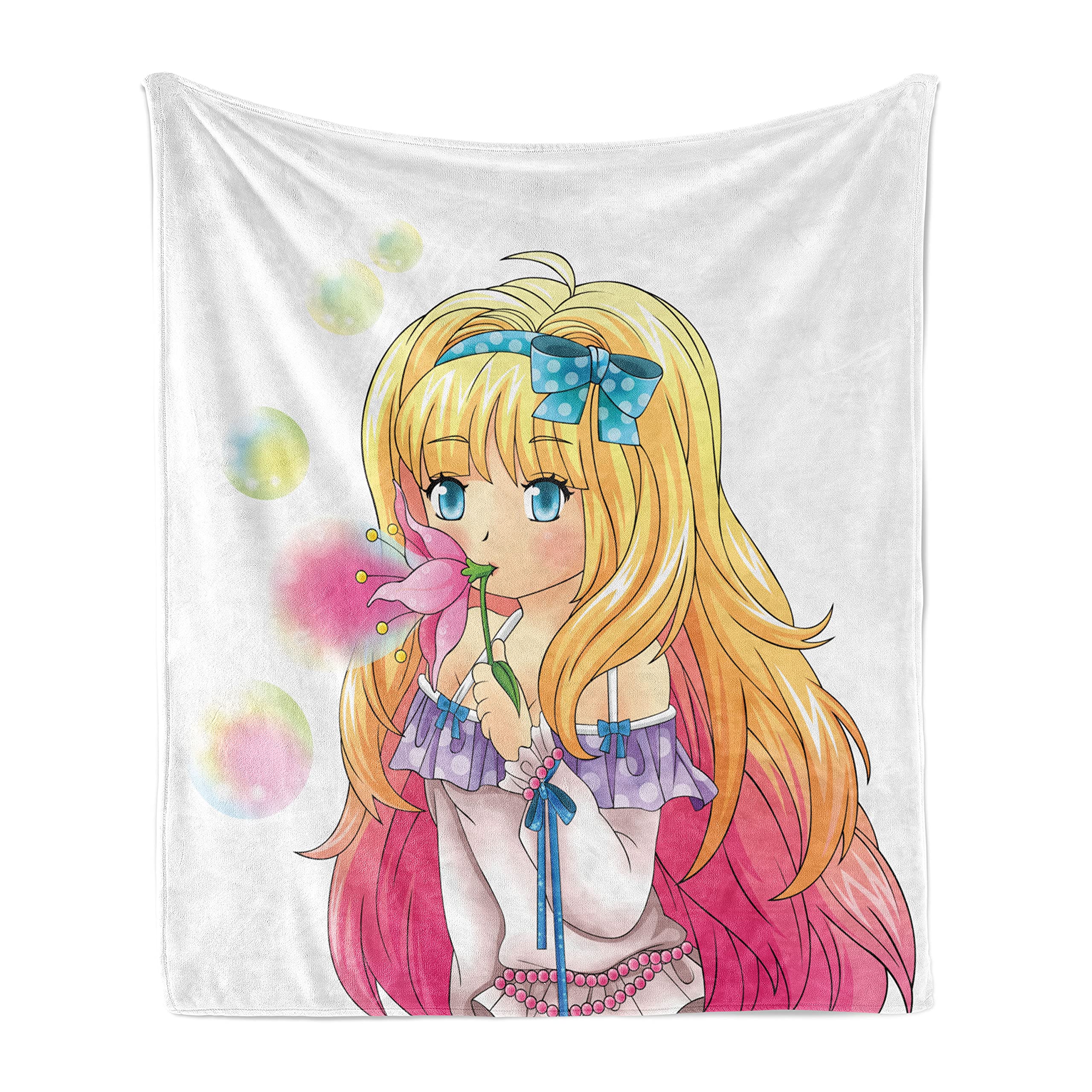 Ambesonne Anime Throw Blanket - Manga Girl Blowing Bubbles Japanese Cartoon Art Print | Soft Flannel Fleece Blanket for Couch, Bed & Sofa (50x60 Inches) | Pink & Yellow Accent Decor for Anime Fans & Home Decor