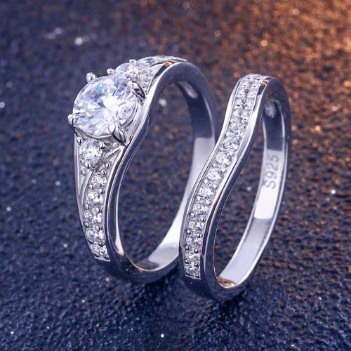 Vintage Bridal Wedding Ring Sets for Women - 1 Carat Moissanite Engagement & Promise Ring Set in Platinum Plated Silver - Perfect for Proposals, Anniversaries & Special Occasions