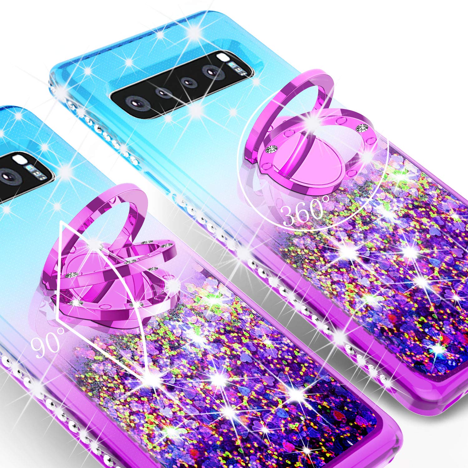 SOGA Rhinestone Liquid Quicksand Phone Case for Samsung Galaxy S10 - Sparkly Glitter Protective Cover with Magnetic Ring for Car Mount & Lanyard (Purple/Teal) - Perfect for Girls, Teens & Fashion Lovers, Great for Daily Use, Parties & Gifts