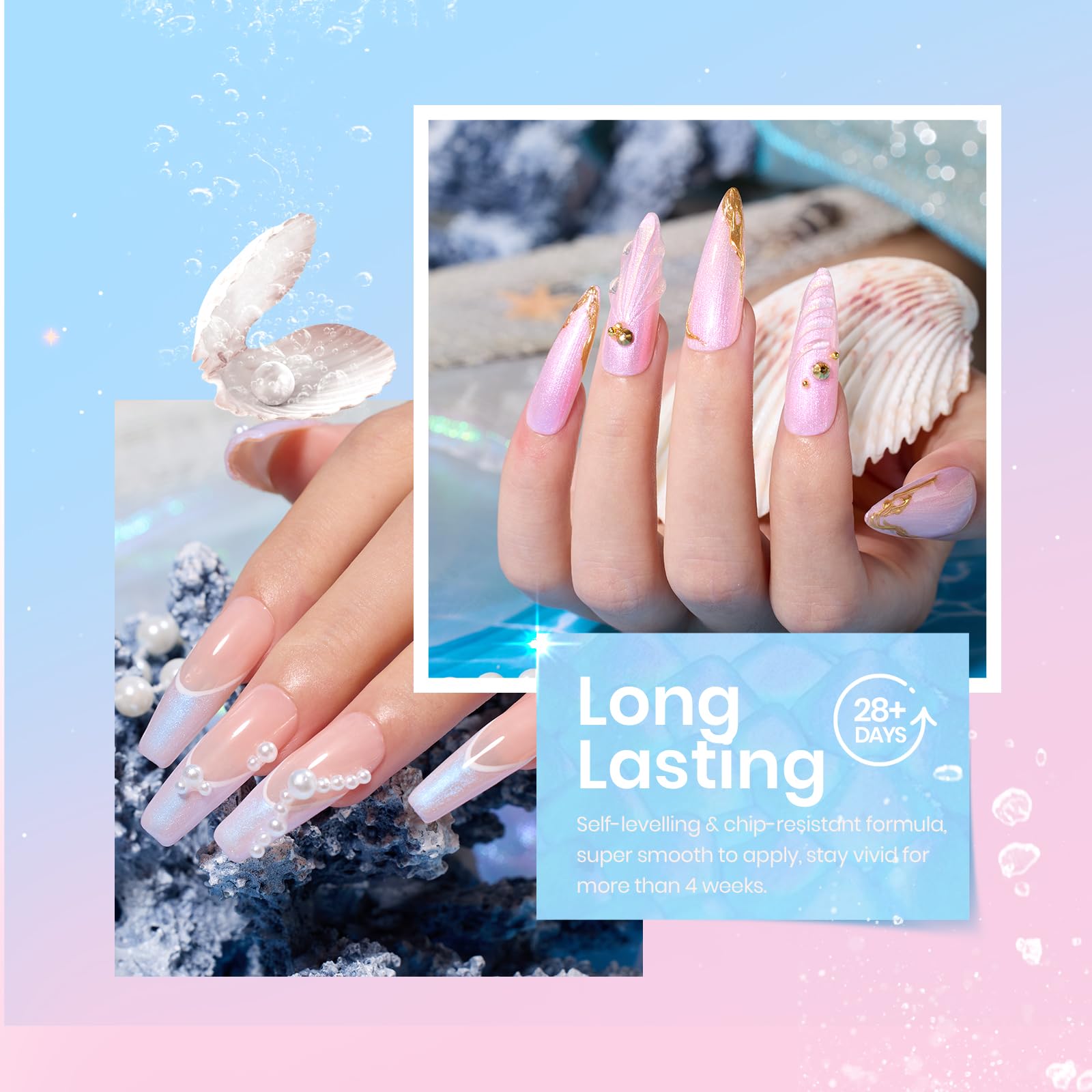 Beetles Shimmer Glitter Gel Nail Polish Set - 6 Colors (White, Pink, Blue Pearl) Mermaid UV LED Soak Off Polish with Swirl Thread Effect | DIY Manicure Kit for Women | Perfect for Spring Summer Nail Art & Gift Giving
