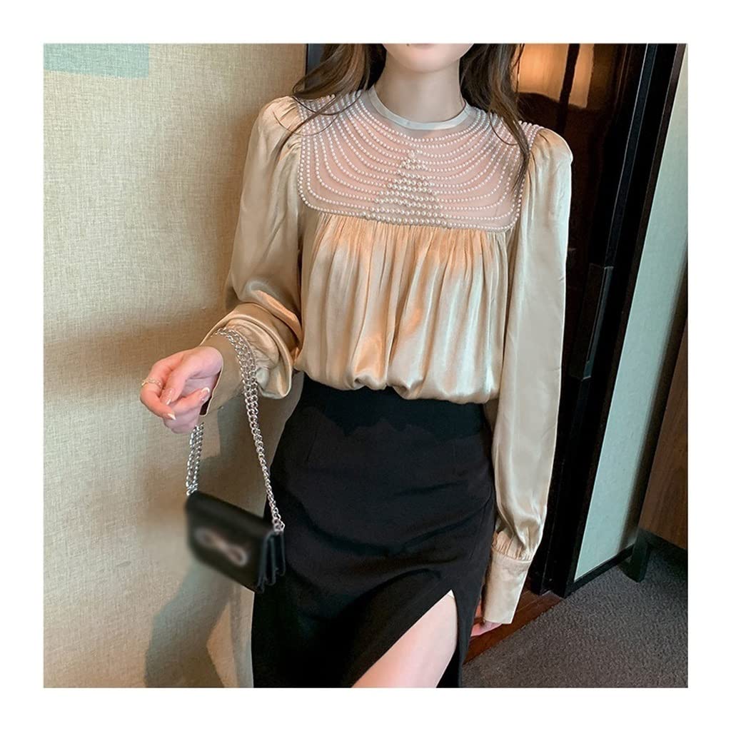 Elegant Long Sleeve Beaded Chiffon Blouse for Women - O-Neck Flowy Top in Size S (Color A) | Perfect for Office Wear, Date Nights & Special Occasions