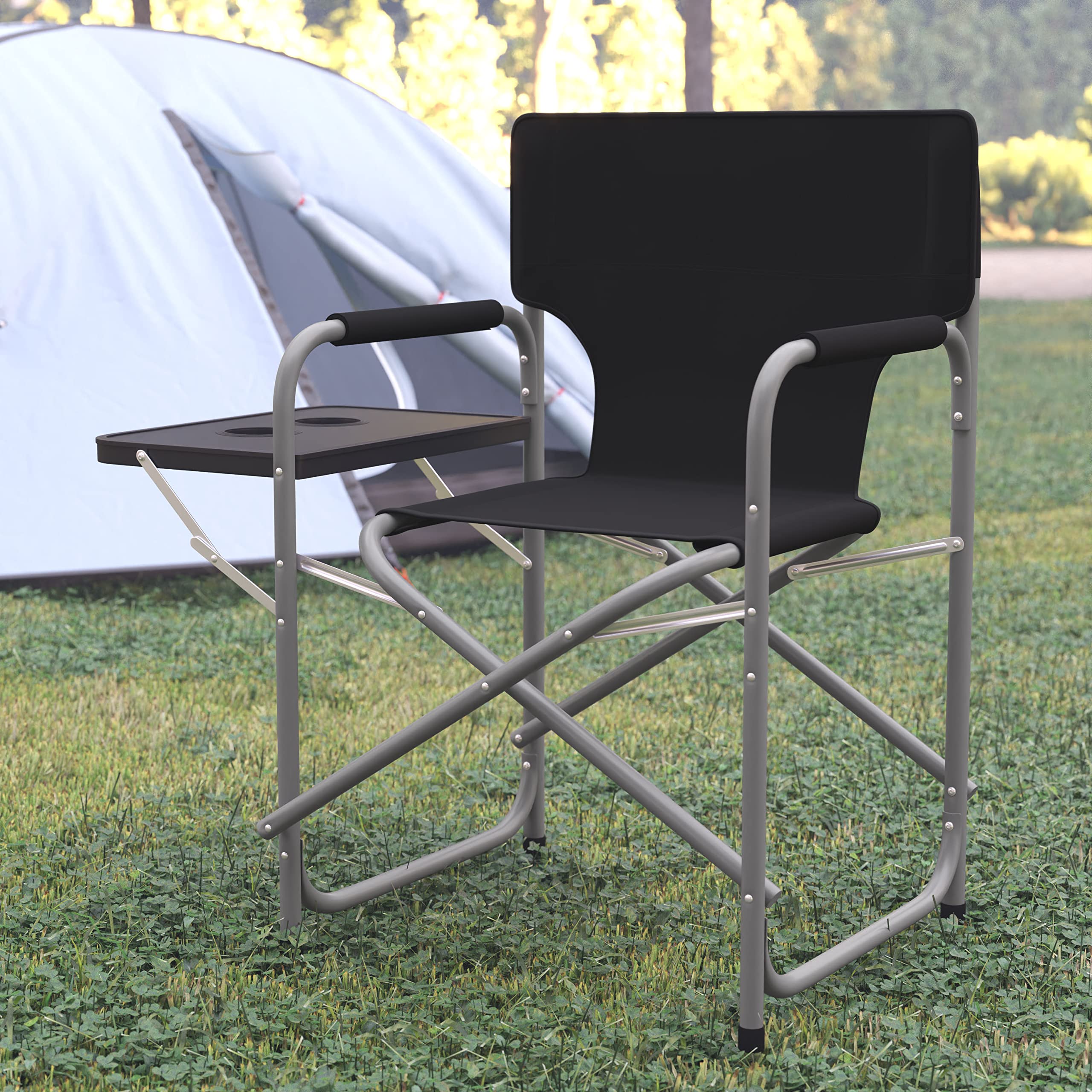 Flash Furniture Folding Directors Camping Chair - Portable Black Sports Chair with Cup Holder & Side Table - Indoor/Outdoor Steel Frame Foldable Chair for Camping, Beach, Picnics & Backyard Relaxation