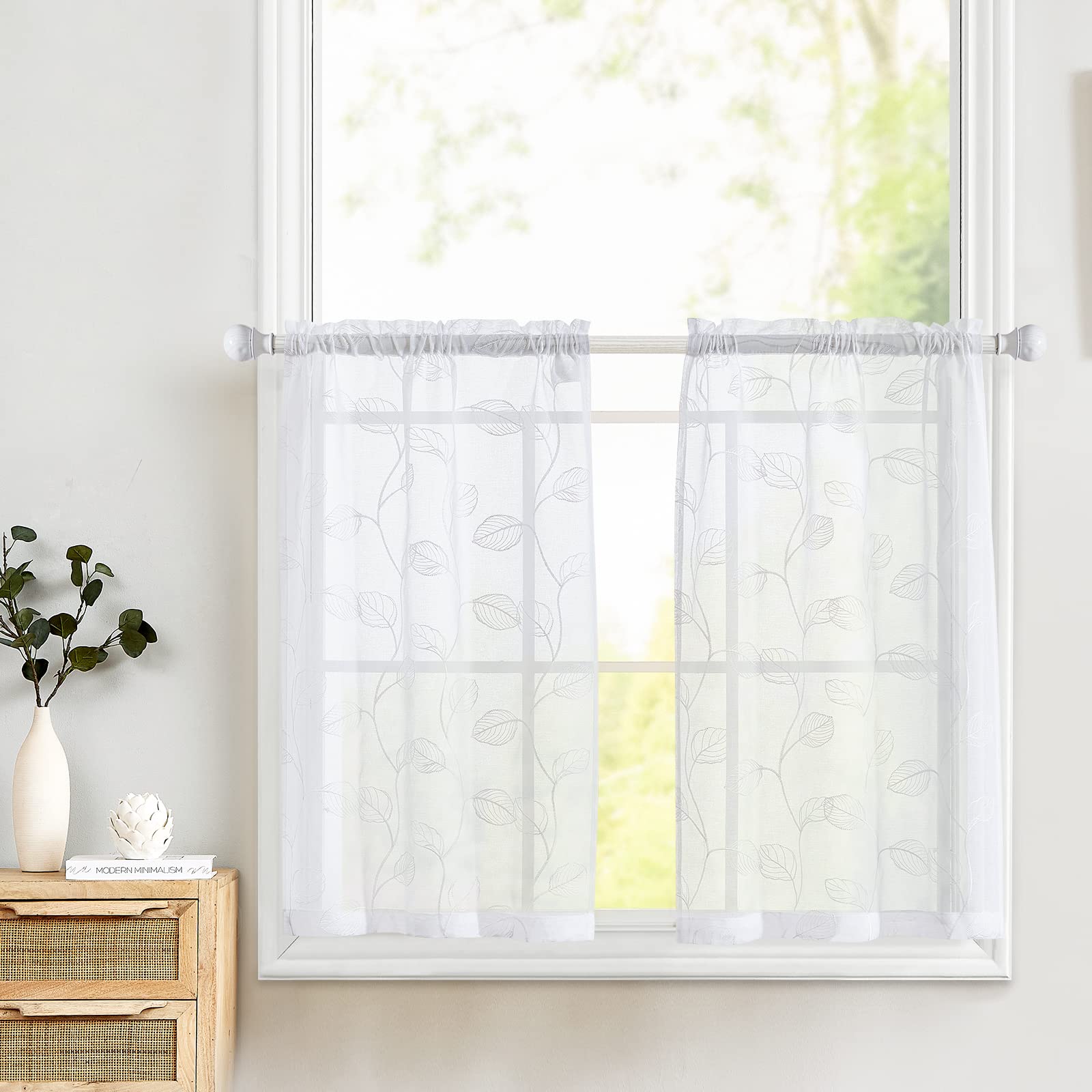 White Sheer Kitchen Curtains with Leaf Embroidery - Voile Tiered Half Window Panels for RV, Camper, Farmhouse, Bathroom & Basement - 45 Inch Rod Pocket, 2 Panels - Perfect for Privacy & Natural Light Filtering
