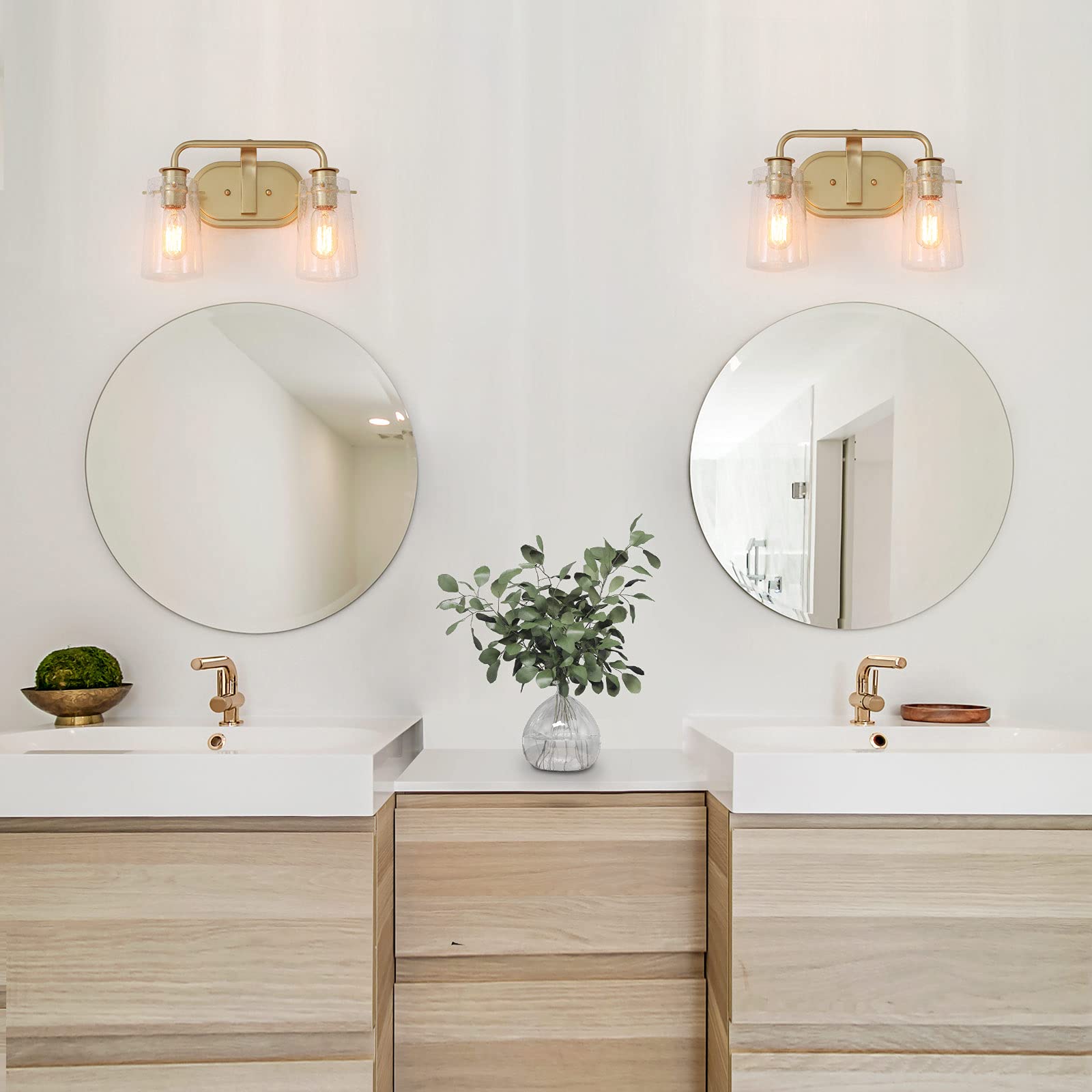 KSANA Gold Vanity Light Fixture - 2-Light Seeded Glass Shade Bathroom Mirror Lighting, E26 Bulb Compatible, 13.5