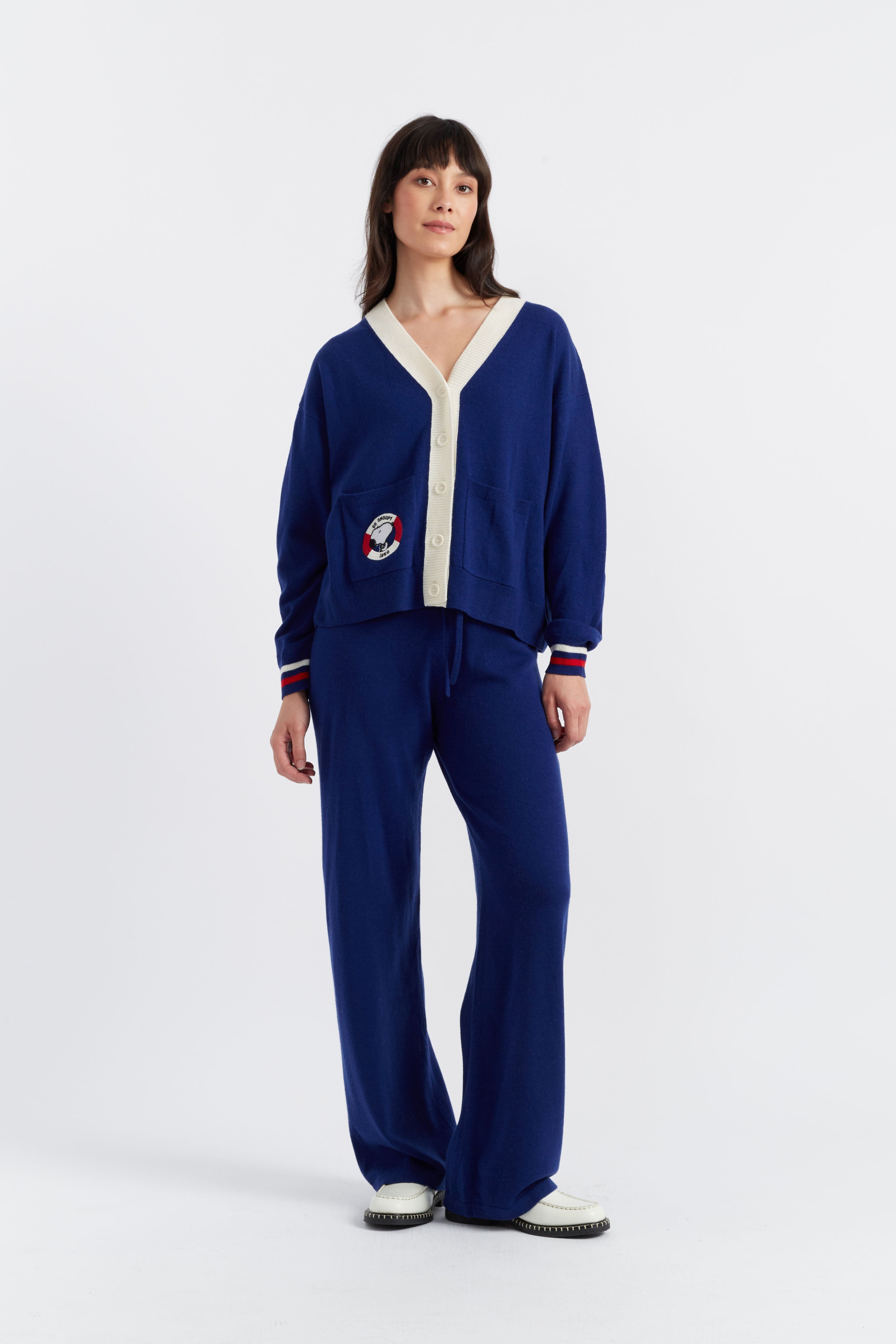 Blue Wool Cashmere Snoopy Nautical Cardigan for Women - Cozy Winter Sweater with Cute Snoopy Print - Perfect for Casual Wear, Office Outfits and Christmas Gifts