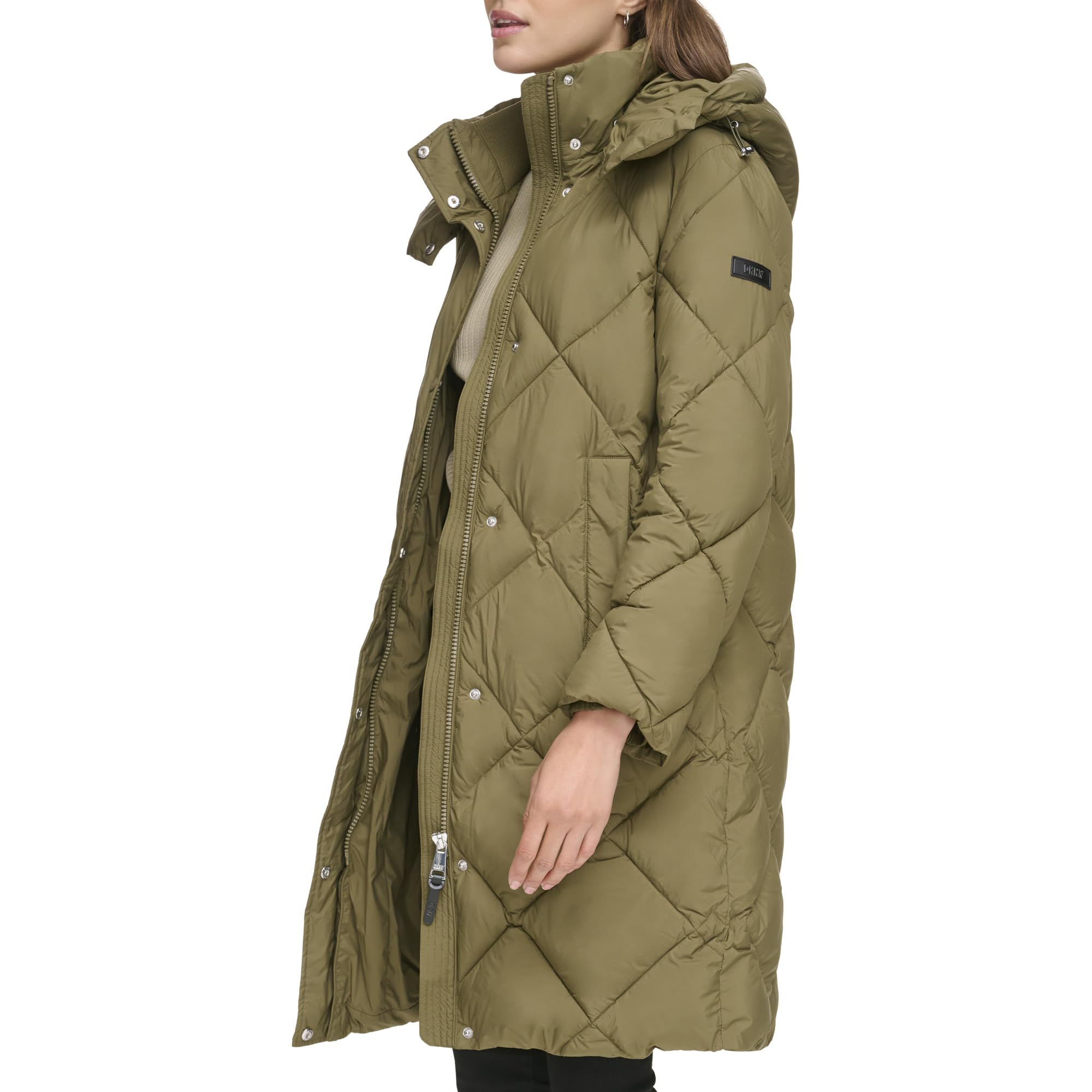 DKNY Women's Diamond Quilted Long Puffer Coat - Winter Warm Down Jacket with Hood, Waterproof & Windproof - Perfect for Snow, Travel & Outdoor Activities