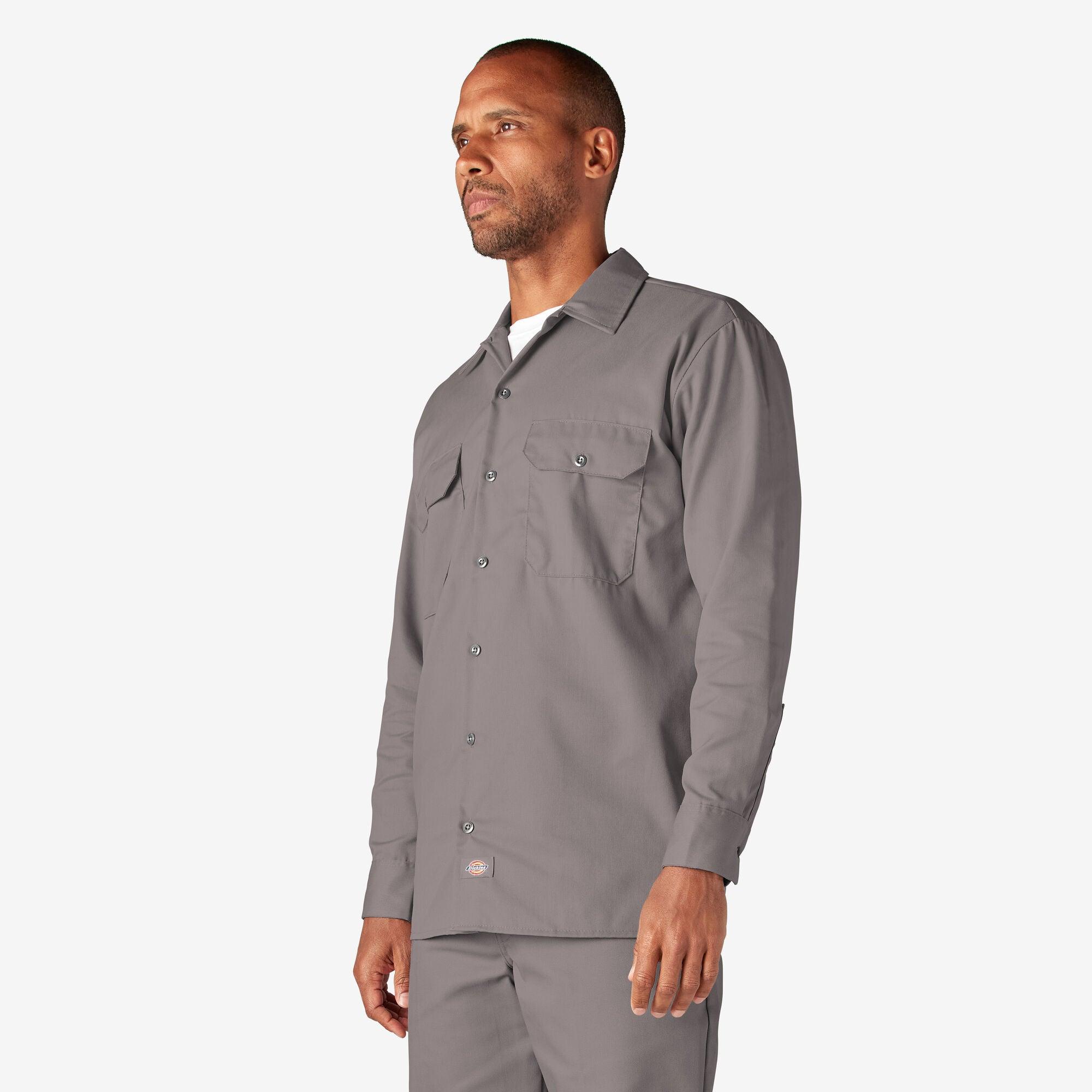 Men's Long Sleeve Work Shirt - Durable Silver Button Down Shirt for Construction, Mechanics & Outdoor Work | Professional Workwear for Men