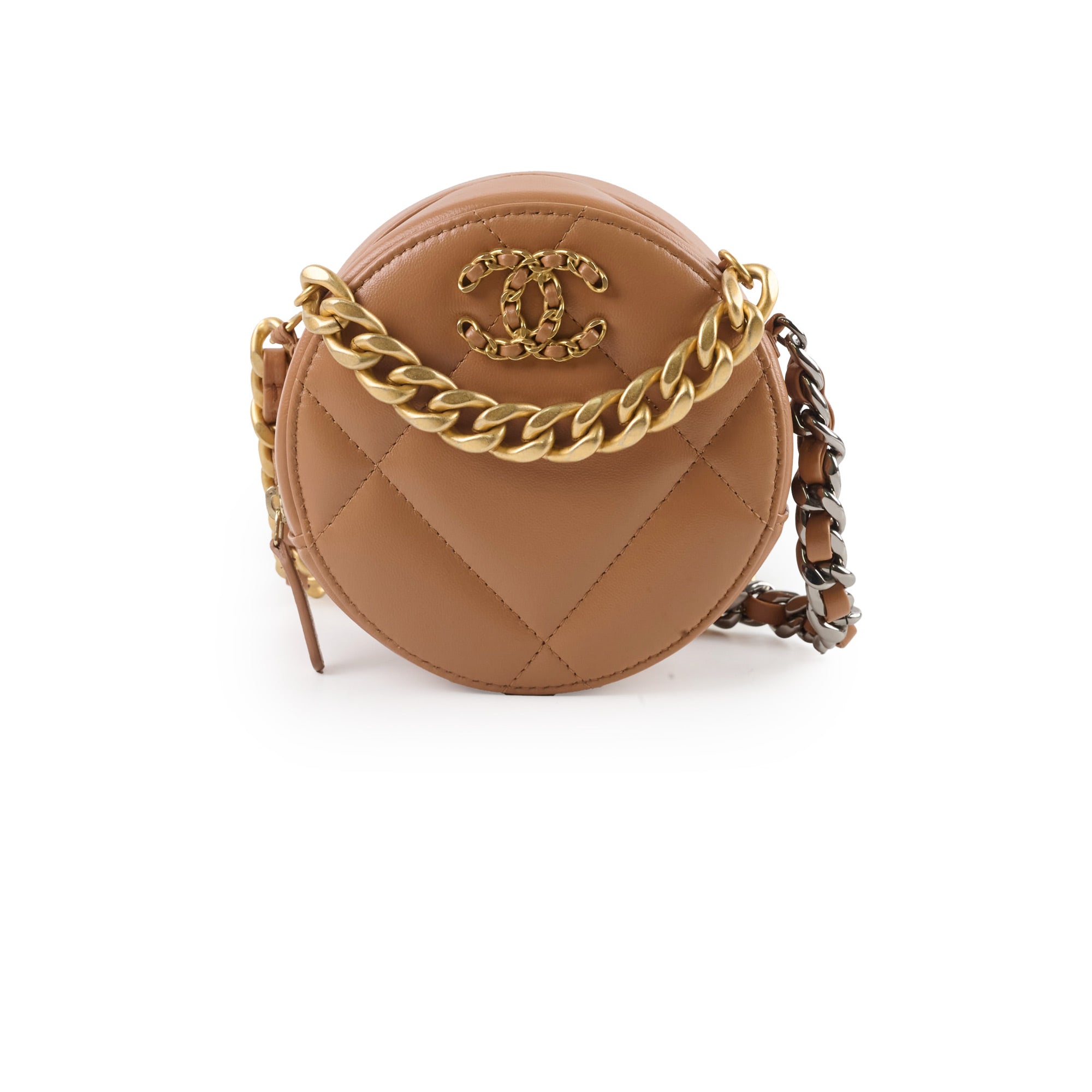 Chanel 19 Round Clutch Bag in Lambskin Leather - Tan Color | Luxury Designer Handbag for Women | Perfect for Evening Parties, Date Nights & Special Occasions