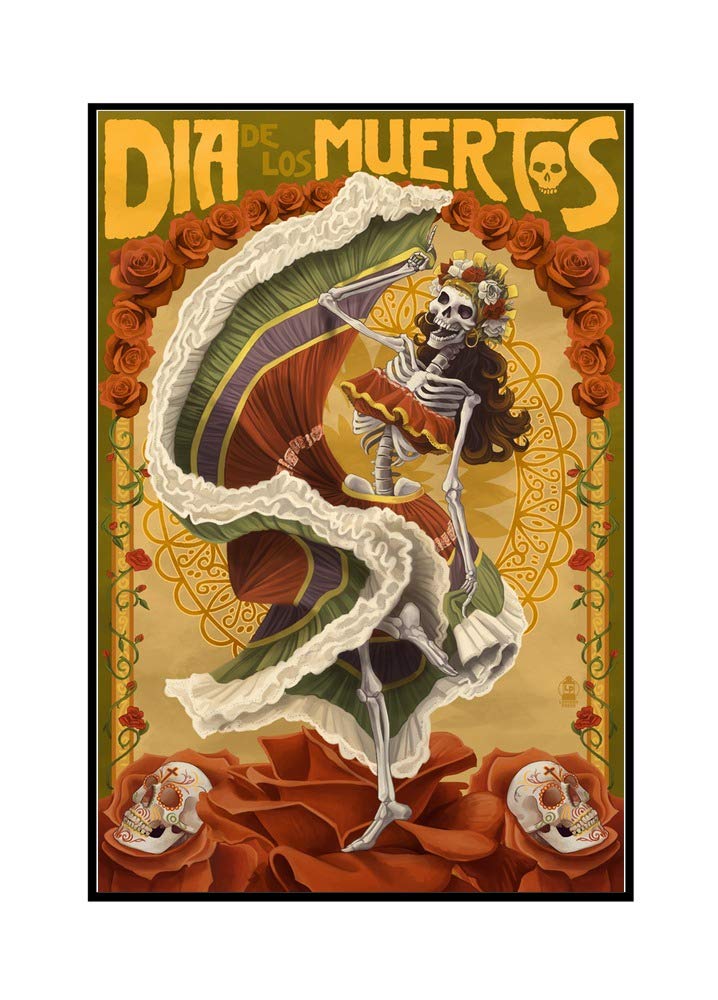 Day of the Dead Skeleton Dancing Wall Art - 24x36 Framed Gallery Wrapped Canvas Painting - Perfect for Halloween Decor & Mexican Culture Home Decor