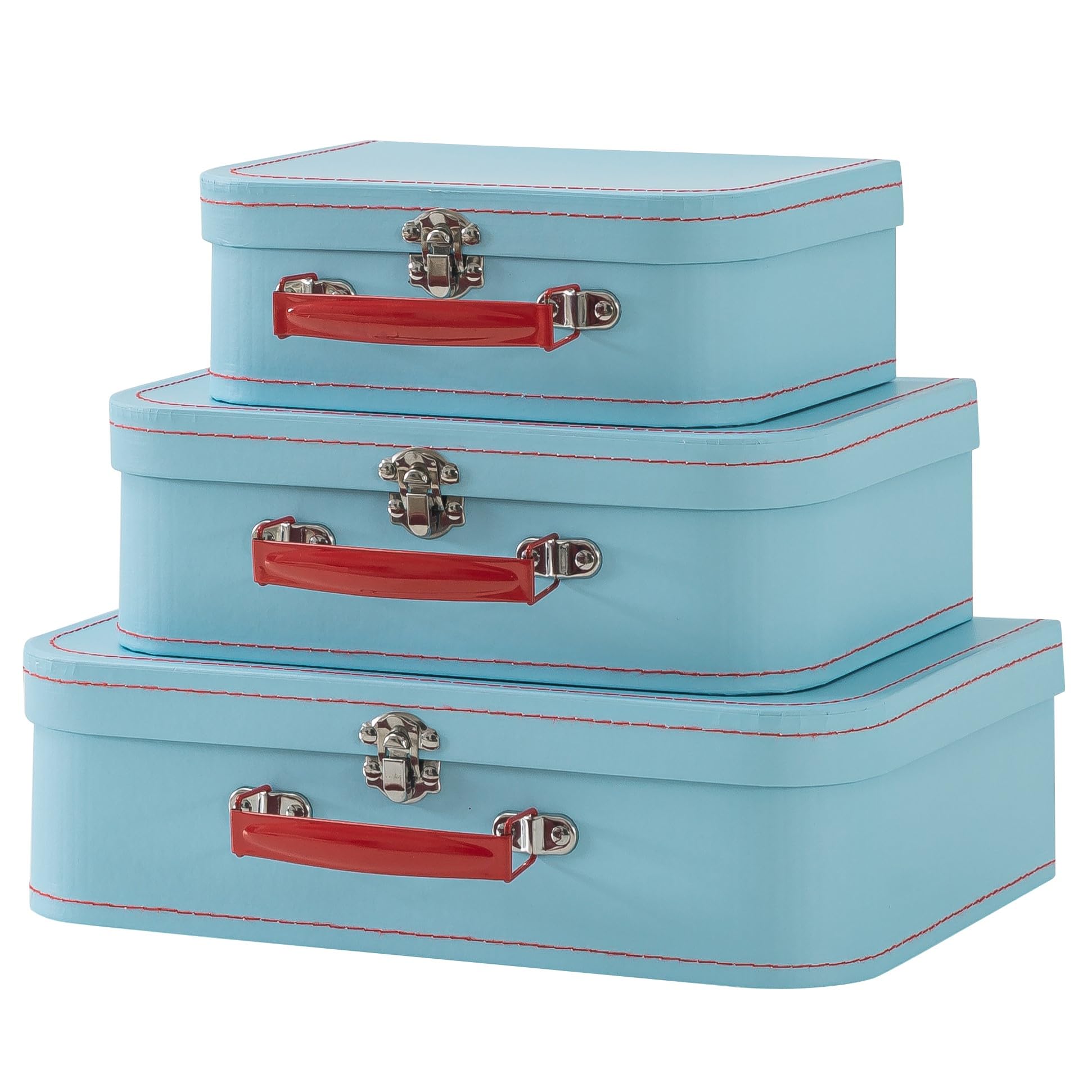 Vintage Light Blue Paperboard Suitcases Set of 3 - Nesting Cardboard Luggage Decor with Brass Handles & Hinged Lids, Mini Suitcase Centerpiece for Wedding, Baby Shower, Home Decor, Travel Theme Party Decoration