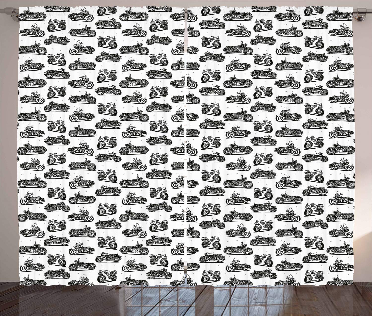 Ambesonne Motorcycle Curtains - Vintage & Modern Bike Design on White Background, 2-Panel Window Drapes for Living Room & Bedroom, 108x96 Inches, Grey White Black - Perfect for Biker Home Decor & Man Cave